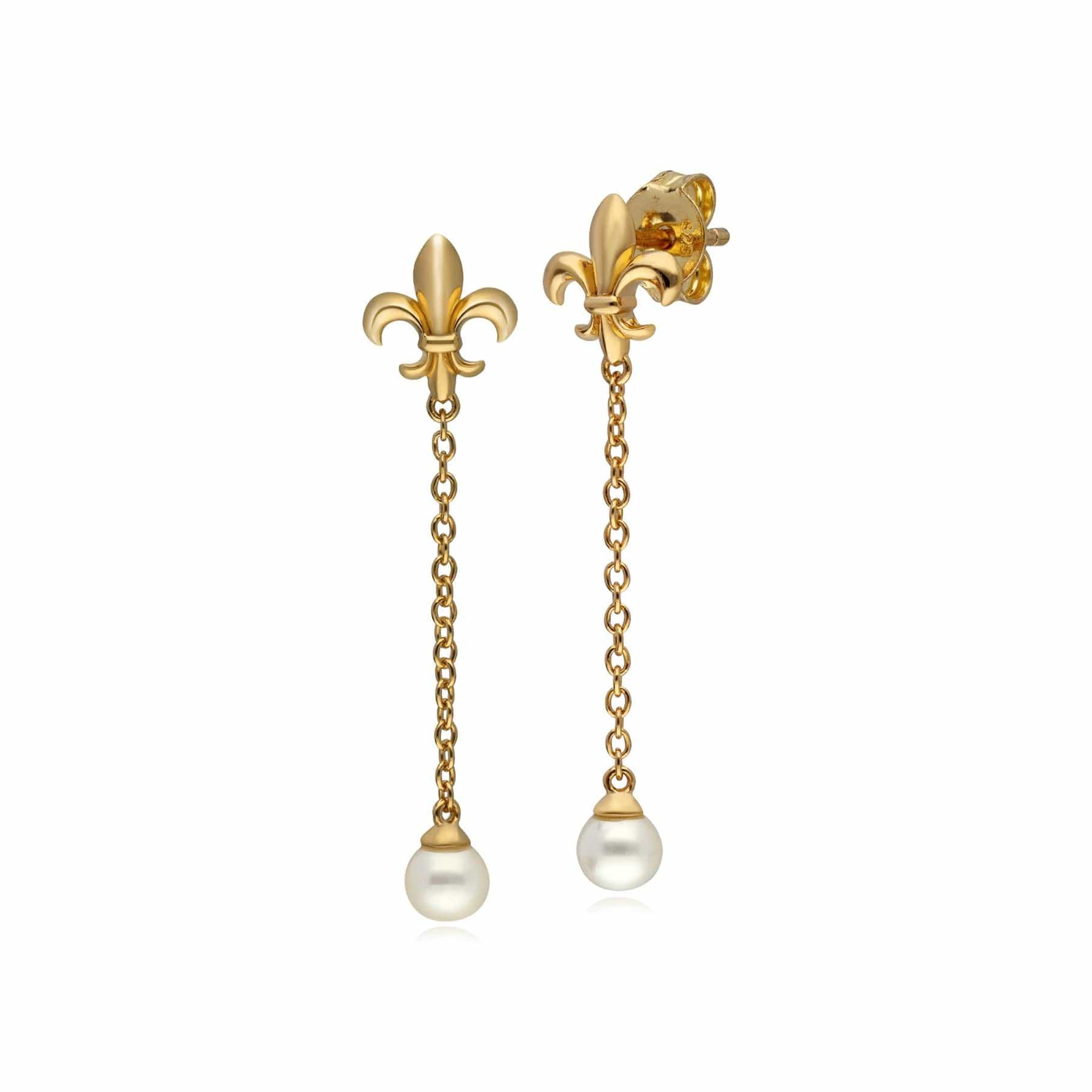 Women’s Pearl Fleur De Lis Chain Drop Earrings In Yellow Gold Gemondo