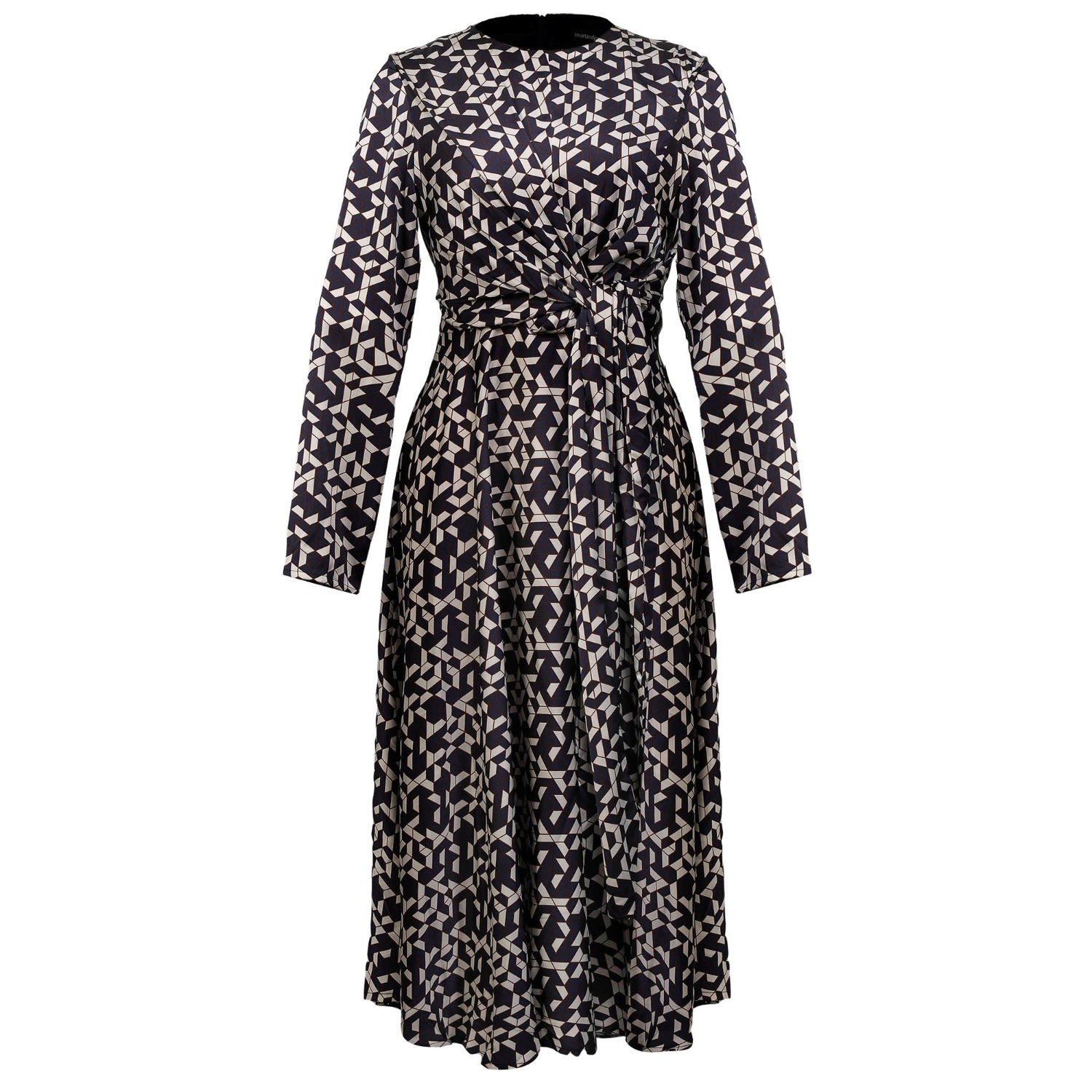Smart And Joy Women's Flared Printed Satin Dress With Side Knotted Panel - Blue And White In Blue