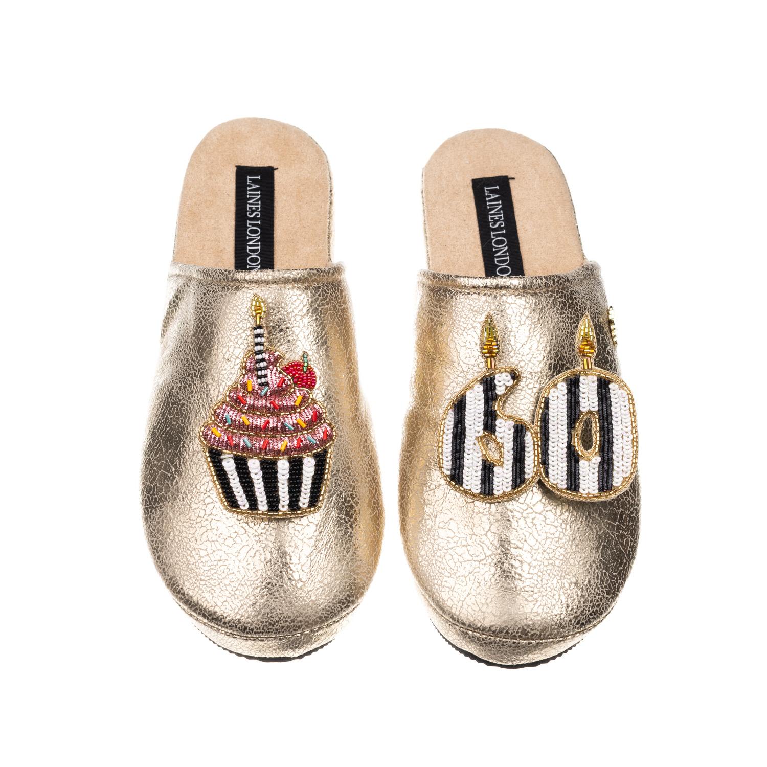 Laines London Women's Laines Gold Softie Slippers With Stripe 60th Birthday & Cake Brooche In Gold