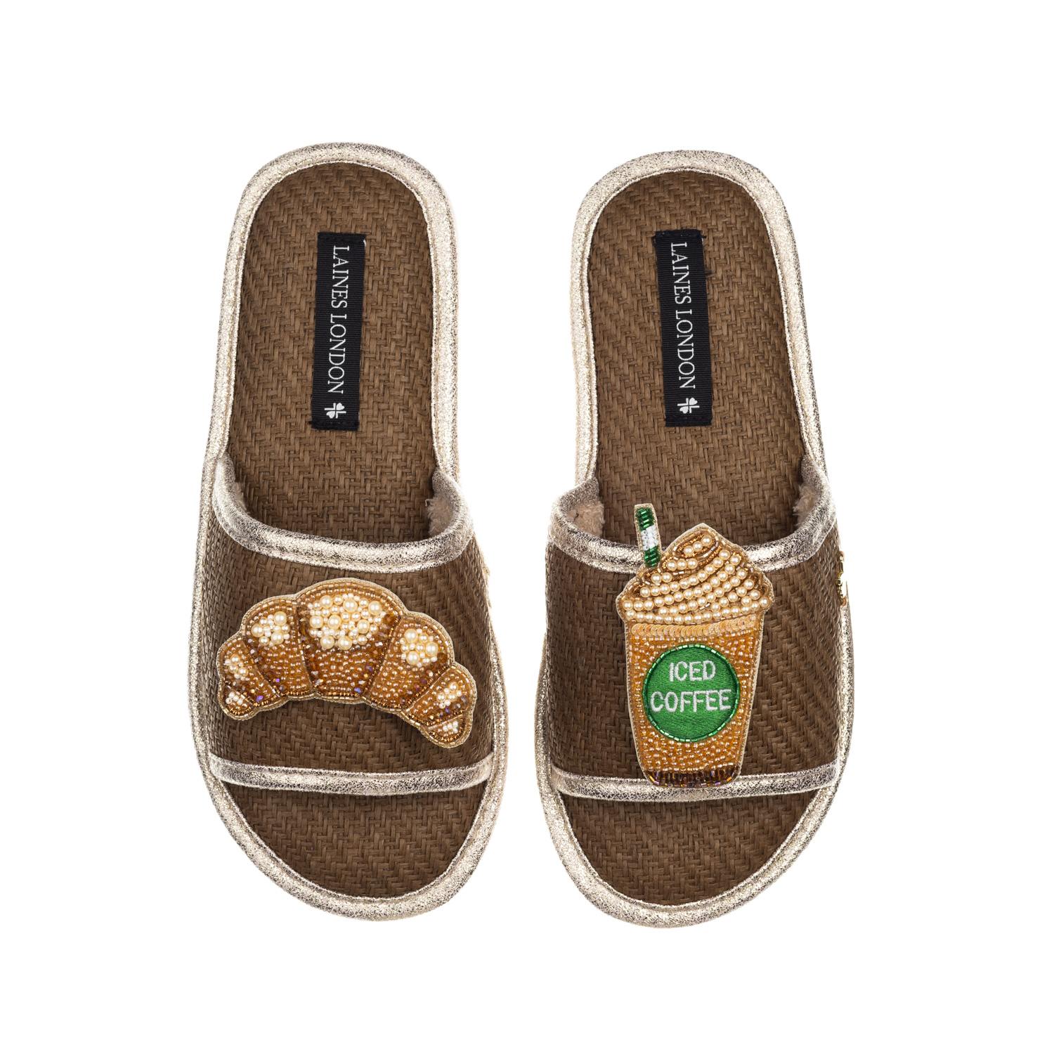 Laines London Women's Brown Straw Braided Sandals With Iced Coffee & Croissant Brooches - Caramel In Brown