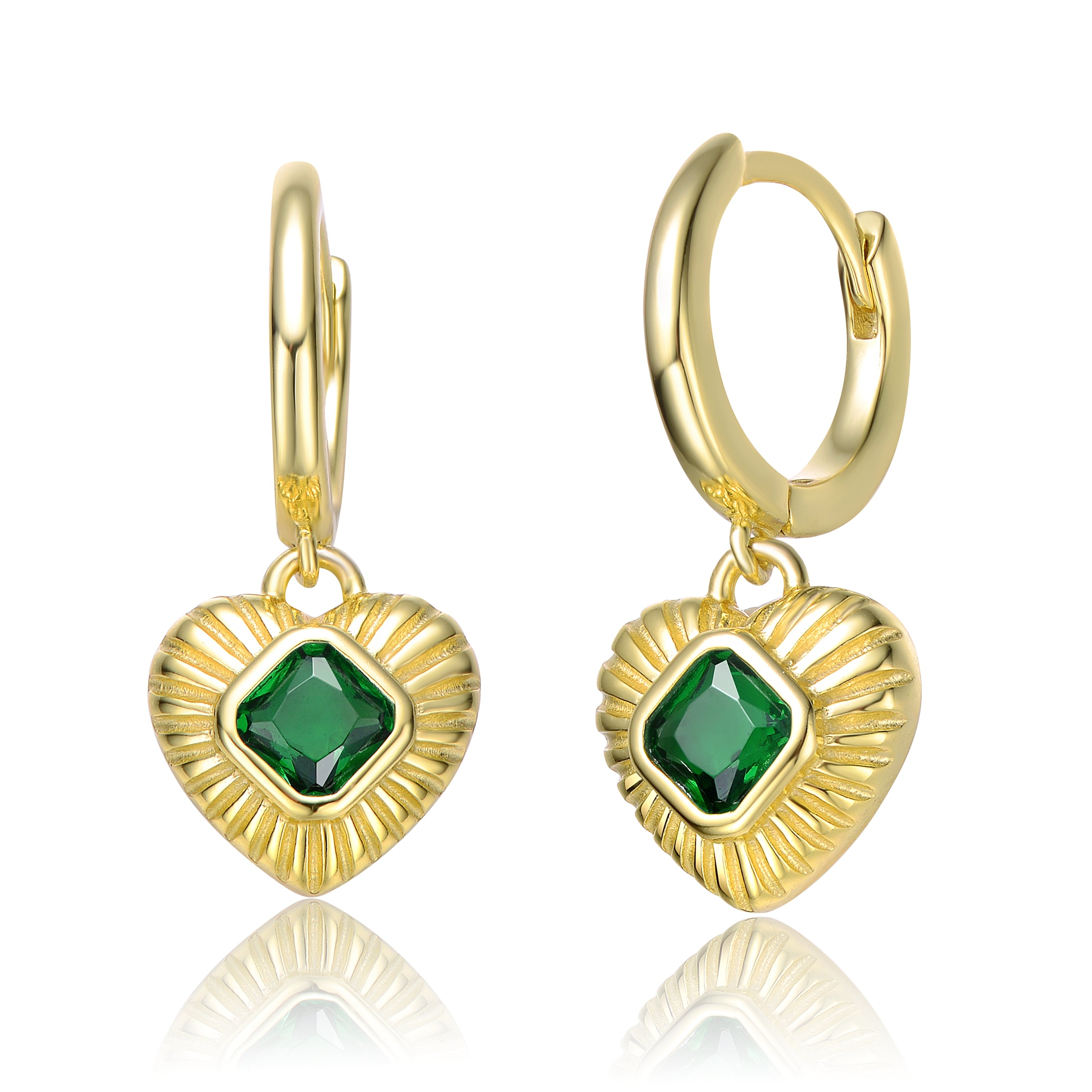 Women’s Green / Gold Sterling Silver Yellow Gold Plated With Emerald Cubic Zirconias Dangle Heart Huggie Hoop Earrings Genevive Jewelry