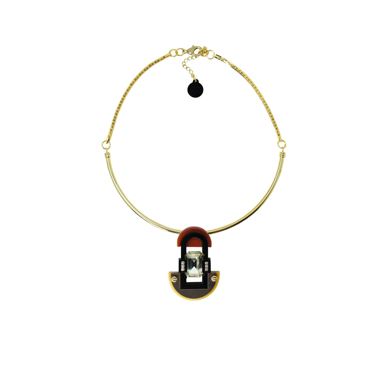 Gissa Bicalho Women's Brown Handmade Acrylic Necklace Pendant Deco Mirror Rectangular Stone Mustard In Gold