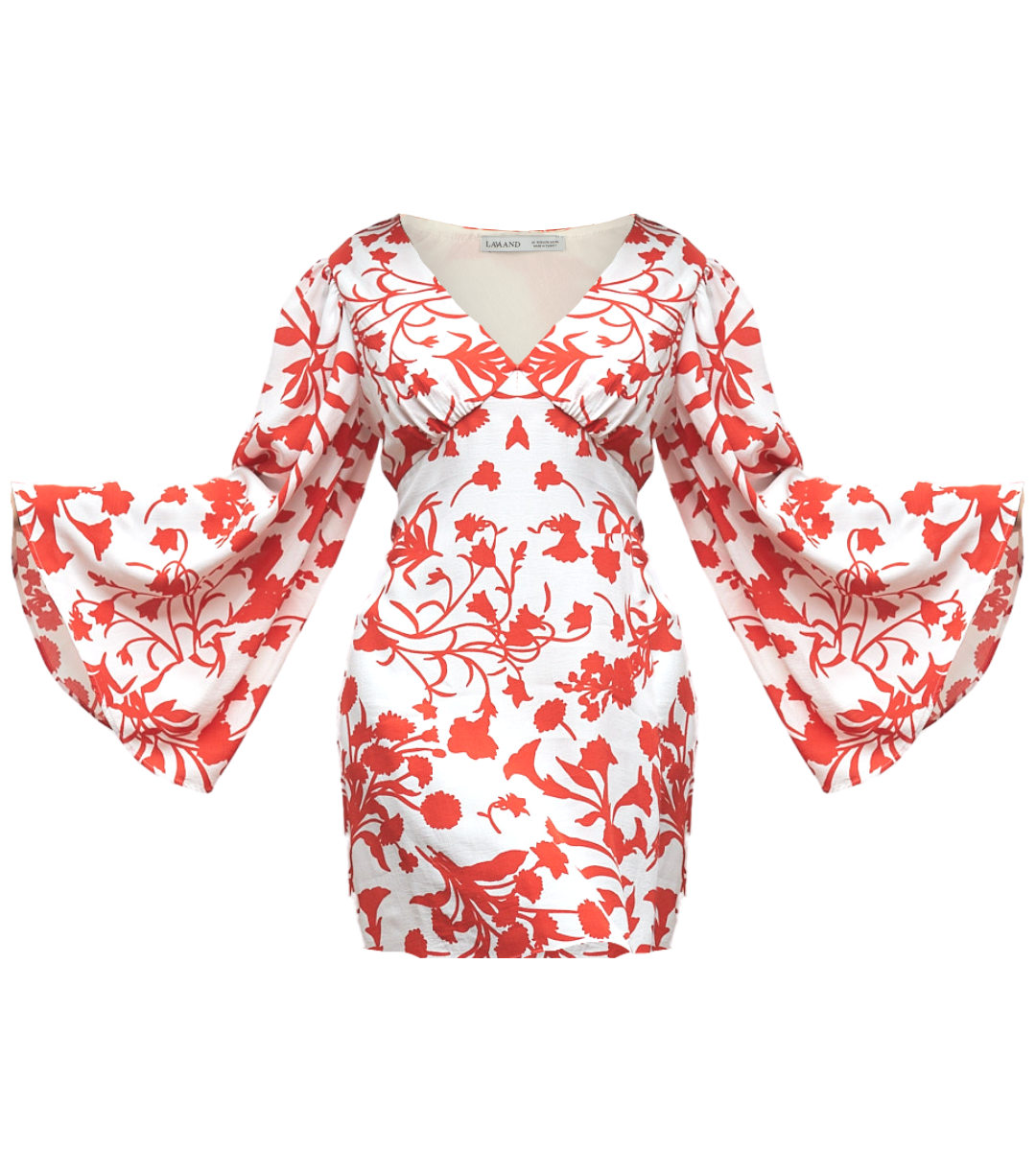 Lavaand Women's White / Red The Florence V Neck Mini Dress Flare Sleeve In White Red Floral In White/red