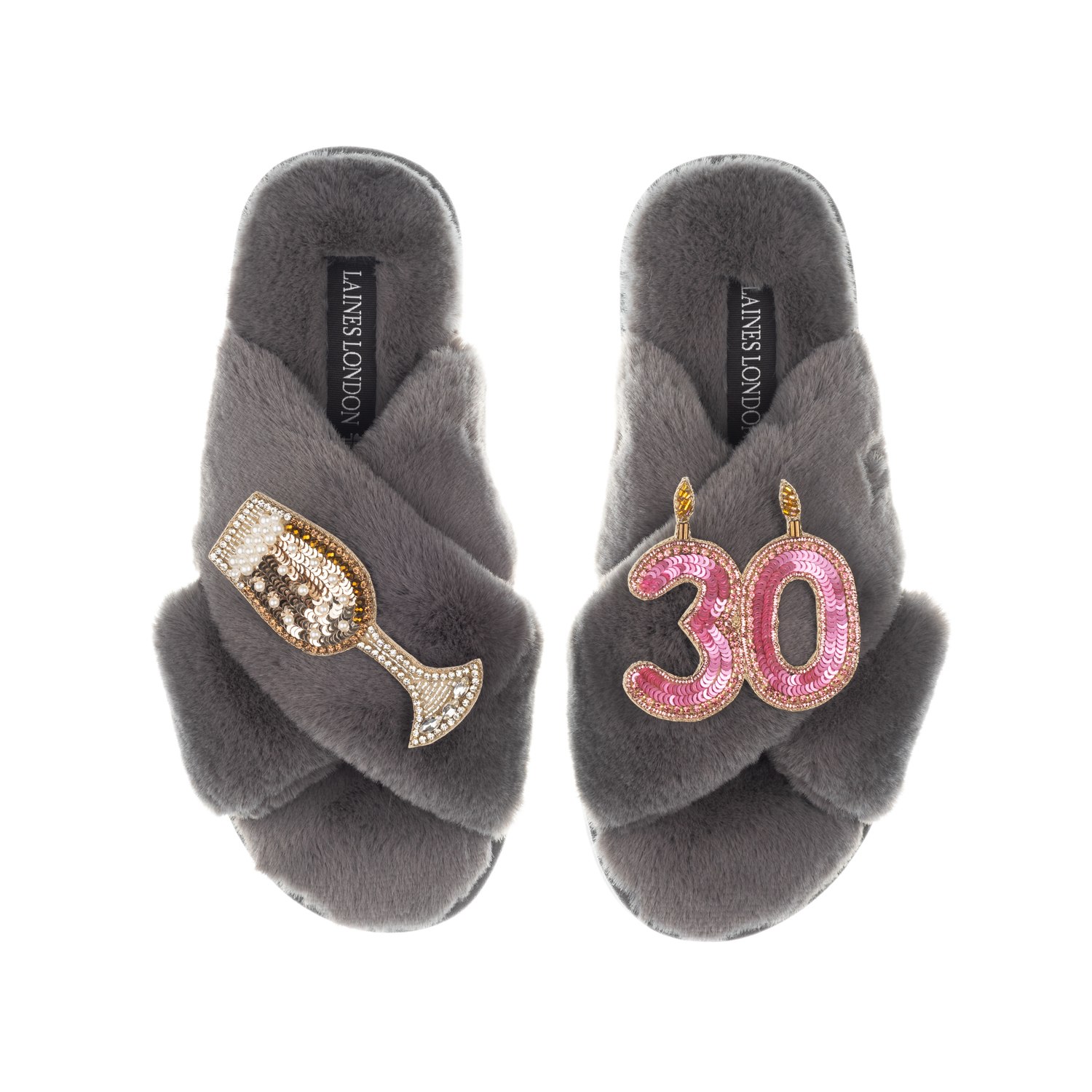 Women’s Classic Laines Slippers With 30Th Birthday & Champagne Glass Brooches - Grey Medium Laines London