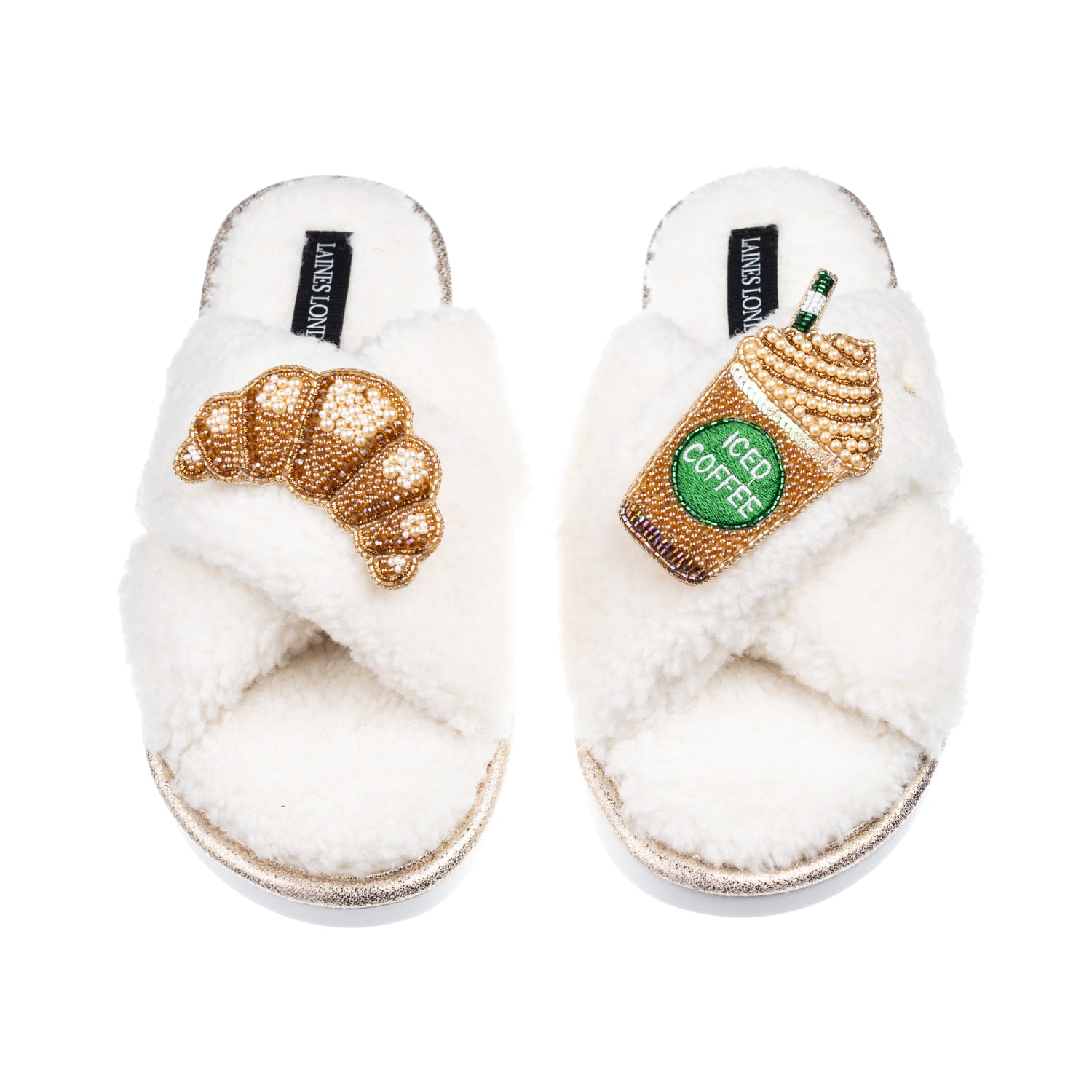 Laines London Women's Neutrals / White Laines Neutral Boucle Slippers With Iced Coffee & Croissant Brooches - Crea