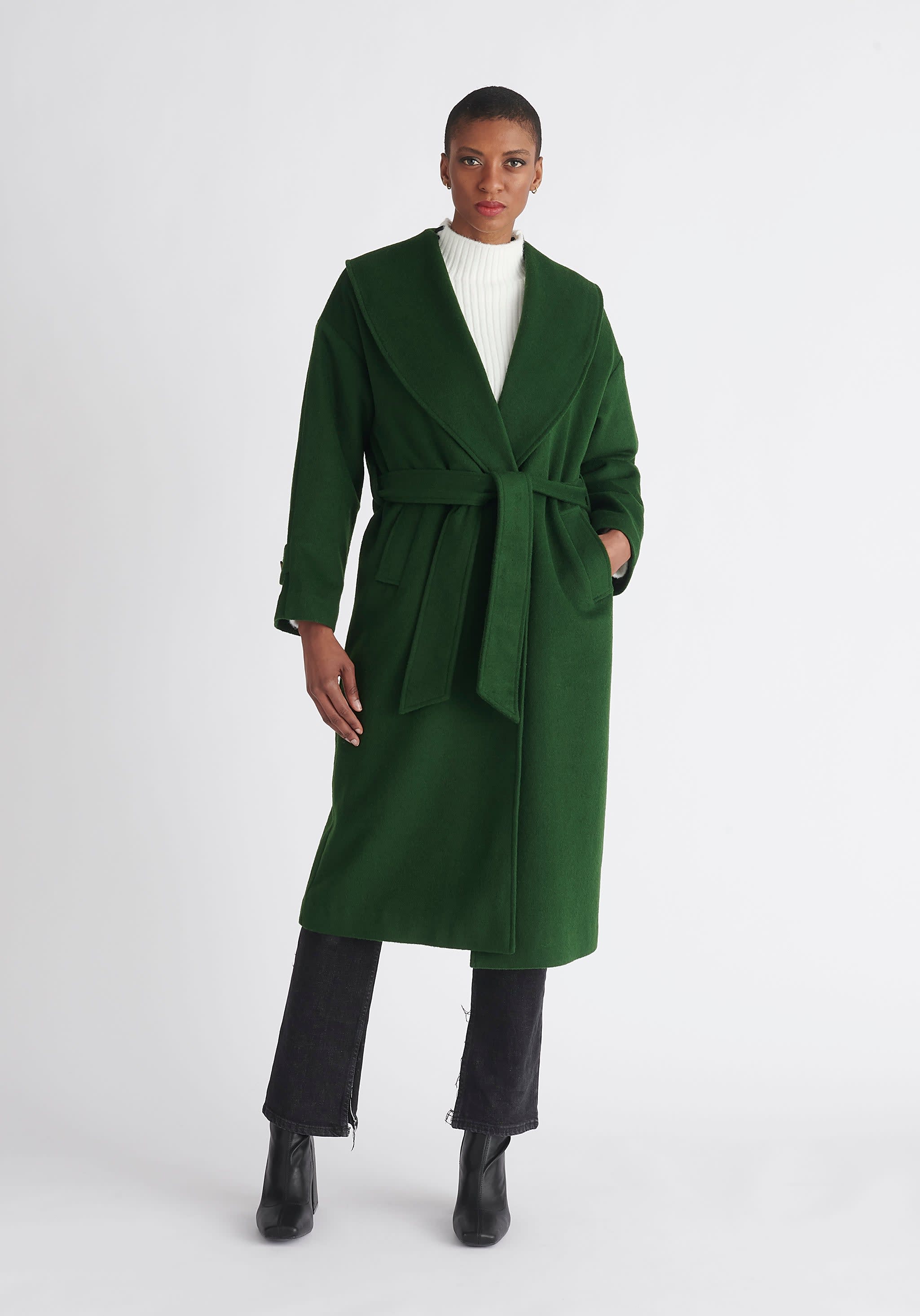 Belted Wool Coat In Dark Green PAISIE Wolf Badger