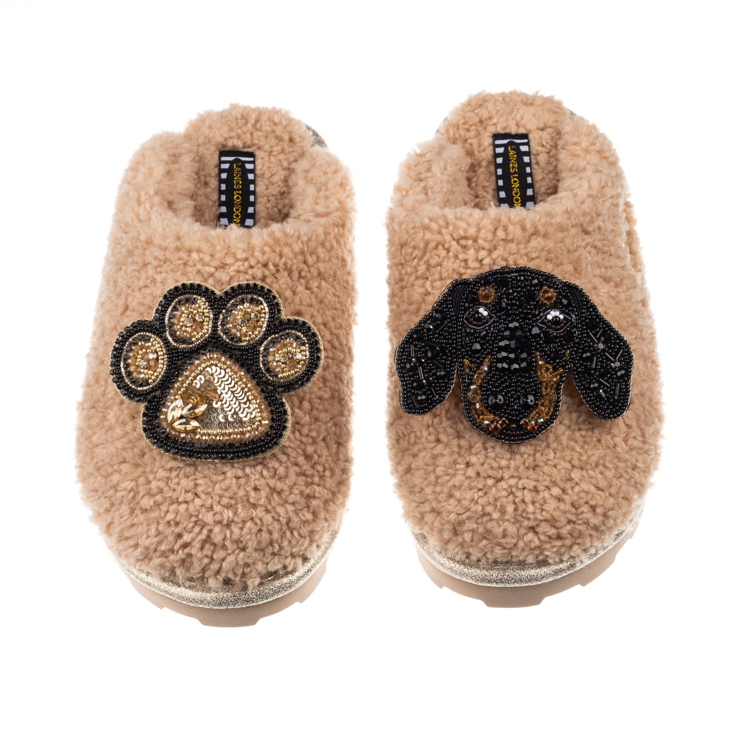 Laines London Women's Brown Teddy Towelling Closed Toe Slippers With Little Sausage & Paw Brooch - Toffee
