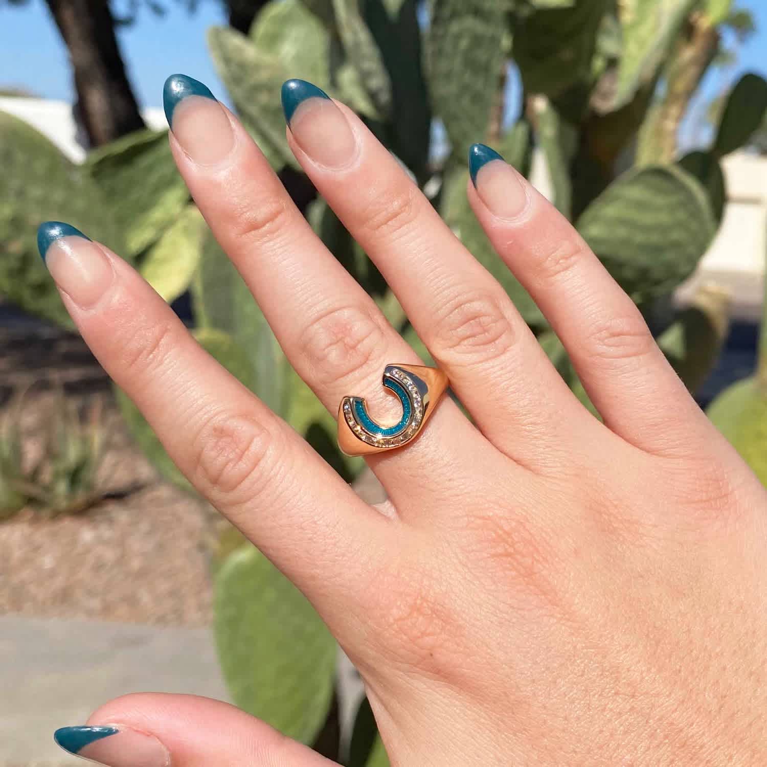 Good Fortune Horseshoe Signet Ring- Teal | Glamrocks Jewelry