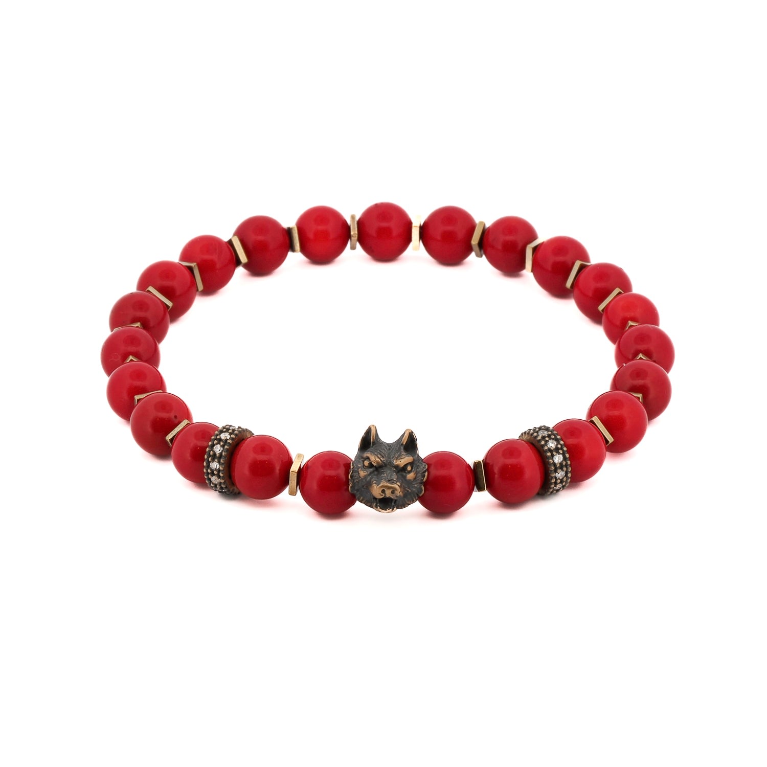 Brown / Red Red Coral Spirit Wolf Men Bracelet - Red Ebru Jewelry