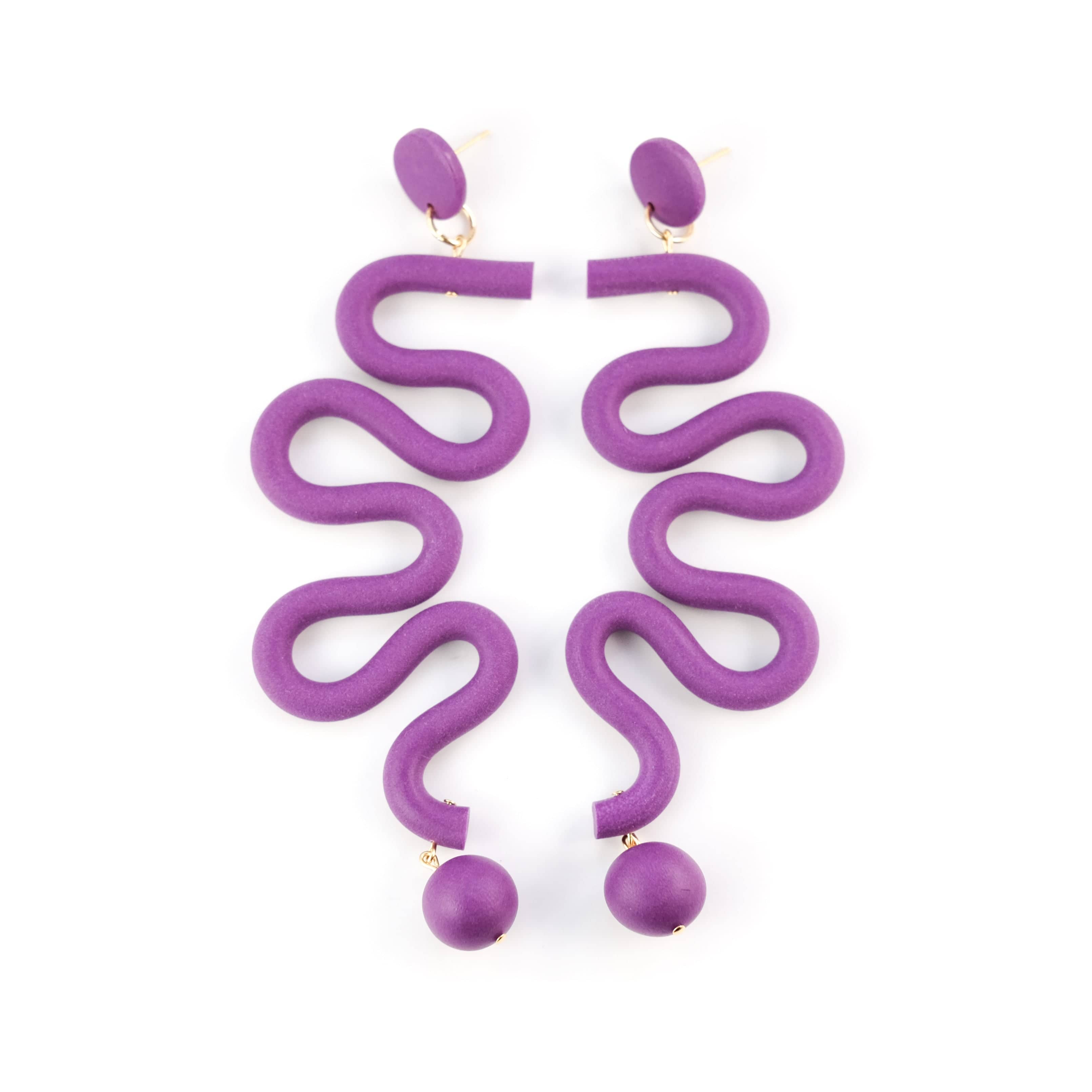 By Chavelli Women's Pink / Purple Tube Squiggles Dangly Statement Earrings In Deep Purple