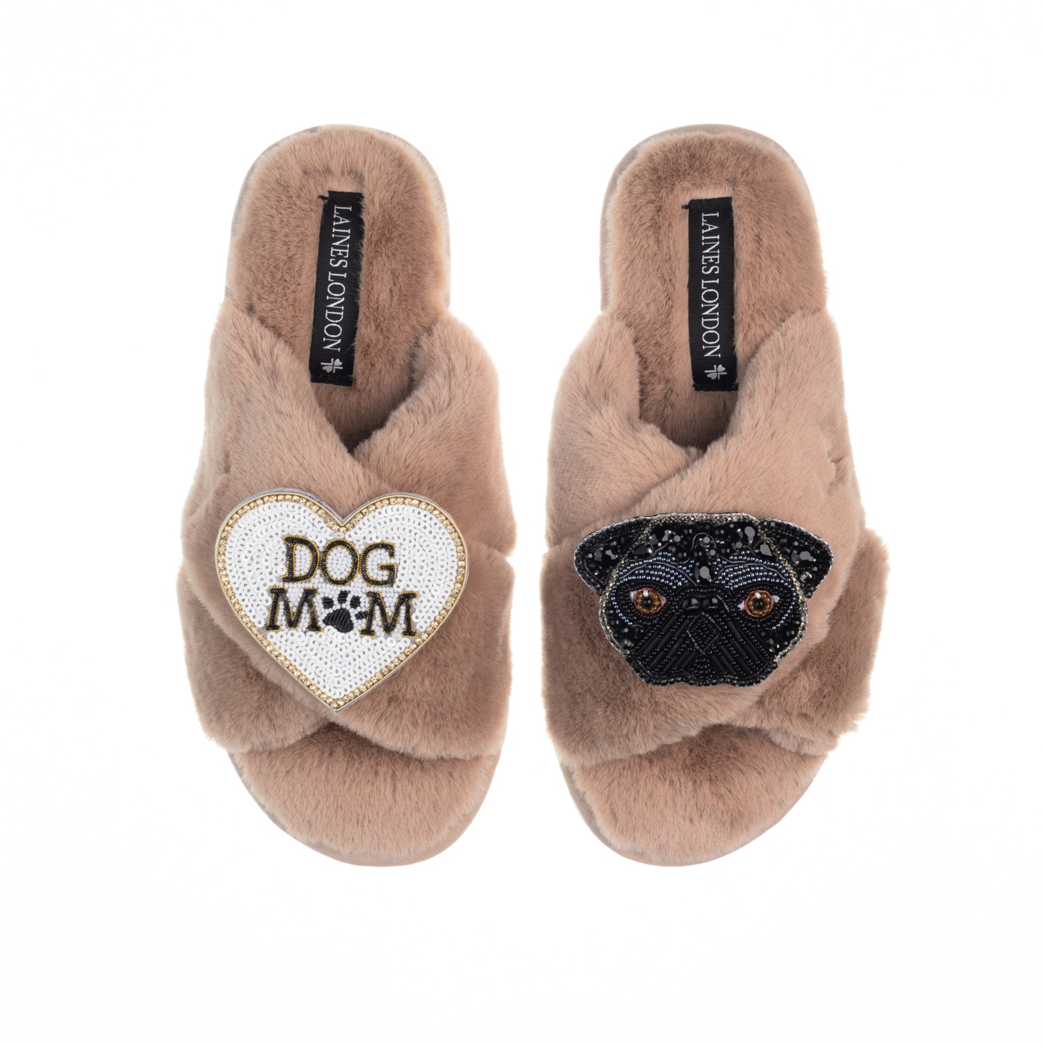 Women’s Brown Classic Laines Slippers With Snoopy Pug & Dog Mum / Mom Brooches - Toffee Medium Laines London