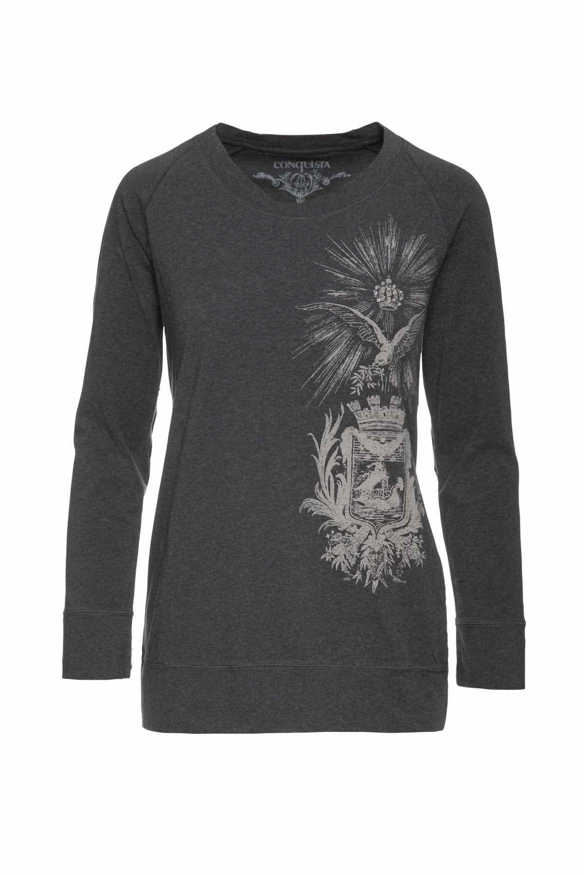 Conquista Women's Round Neckline Dark Grey Print Top In Grey