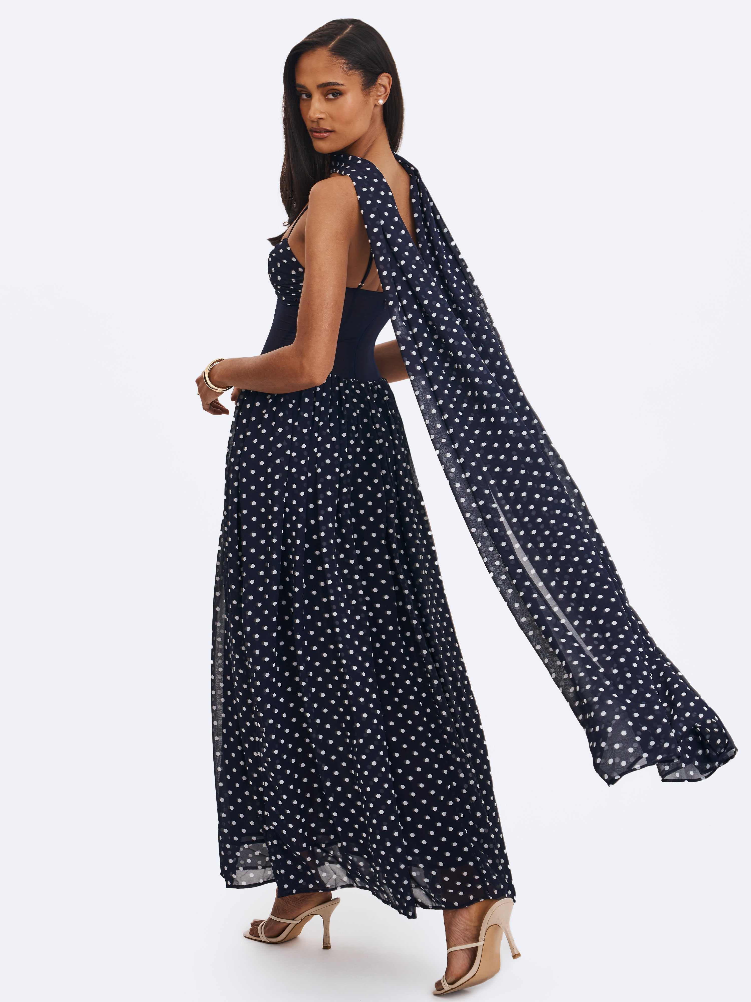 blue polka dot chiffon dress RIXO Abi Chiffon Midi Mini Navy Polka Dot