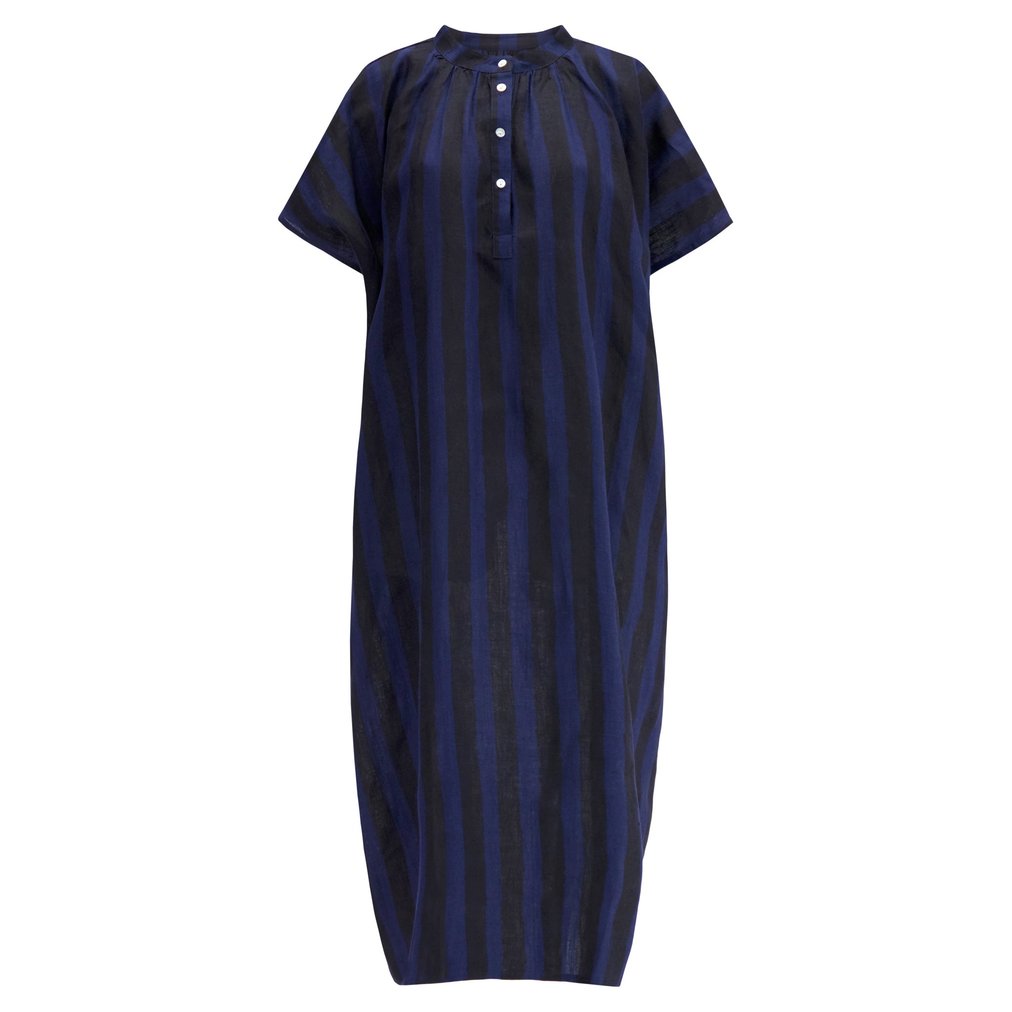 Women’s Black / Blue Shary Linen Short-Sleeved Long Dress With Gathered Neckline And Side Pockets In Midnight Navy Cabana Stripe Block Print One Size Kate Austin Designs