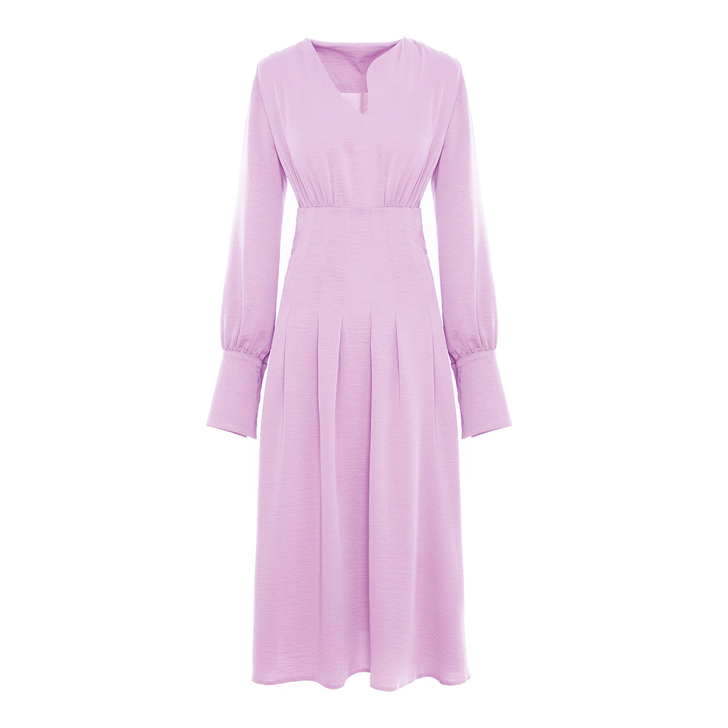 Bluzat Women's Pink / Purple Powder Pink Midi Dress With Pleats And Asymmetrical Cut Neck