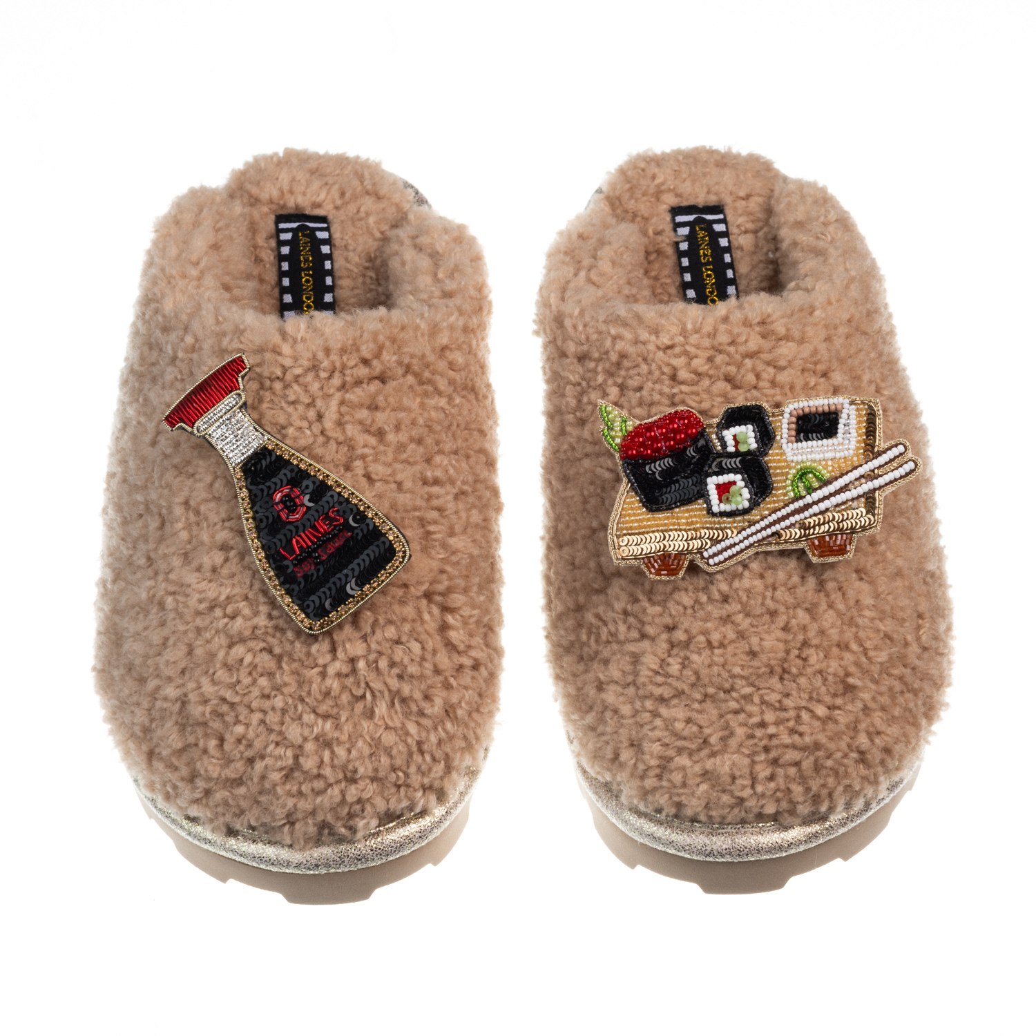 Laines London Women's Neutrals Teddy Closed Toe Slippers With Sushi & Soy Sauce Brooches - Toffee In Brown