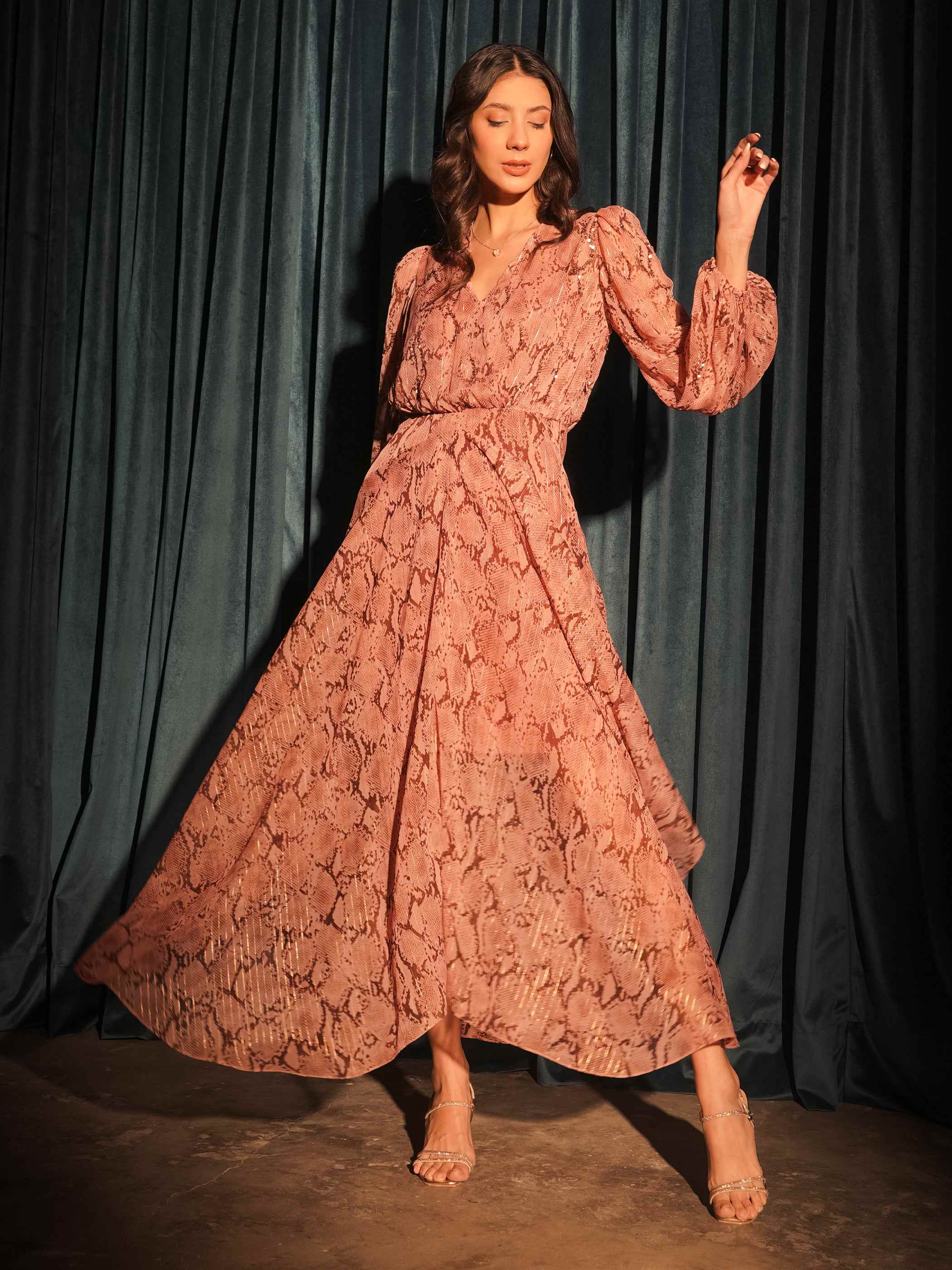 knee length dresses for ladies Collina Strada Women's Yuri Leopard Floral Long Sleeve Crepe Dress - Natural