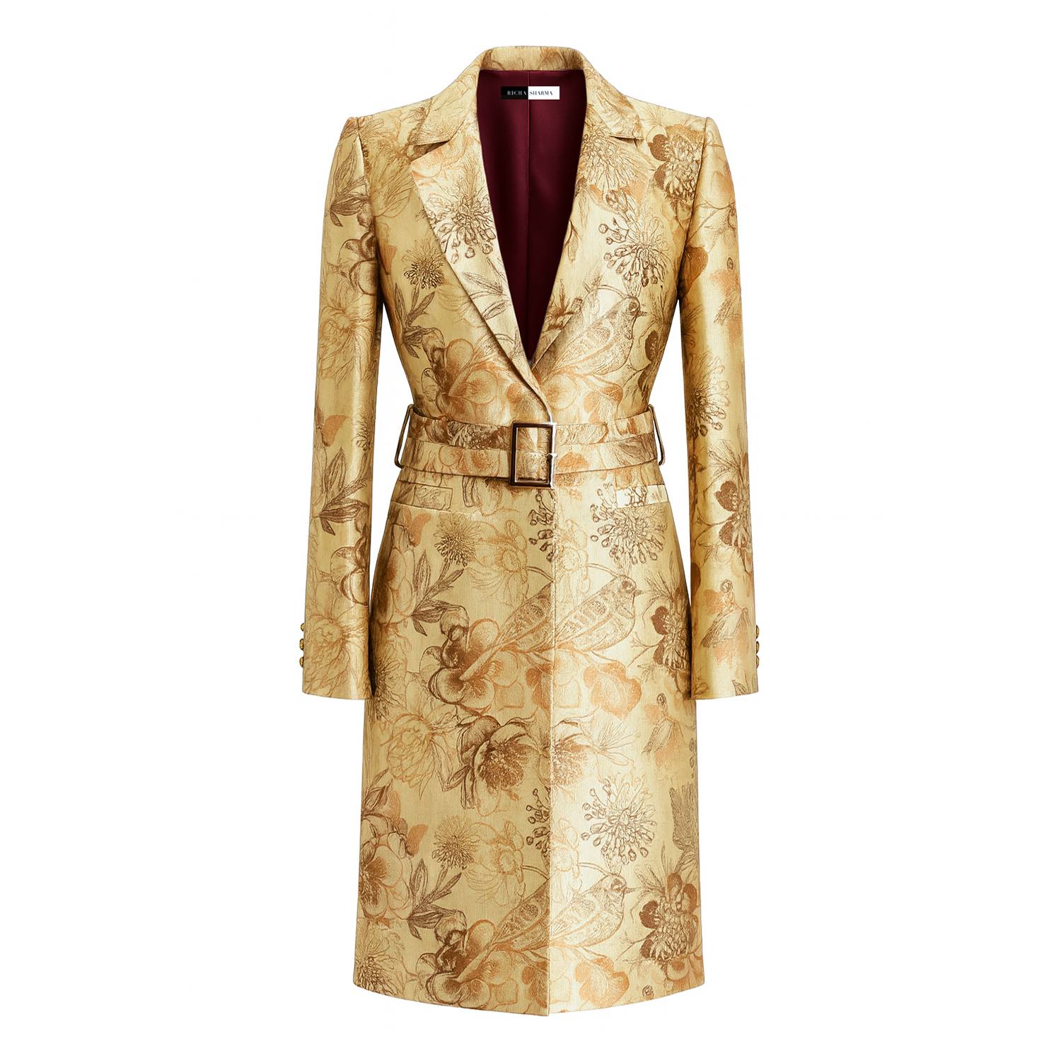 Richa Sharma Women's Gold / Brown / Neutrals Handcrafted Gold Jacquard Floral Belted Coat In Gold