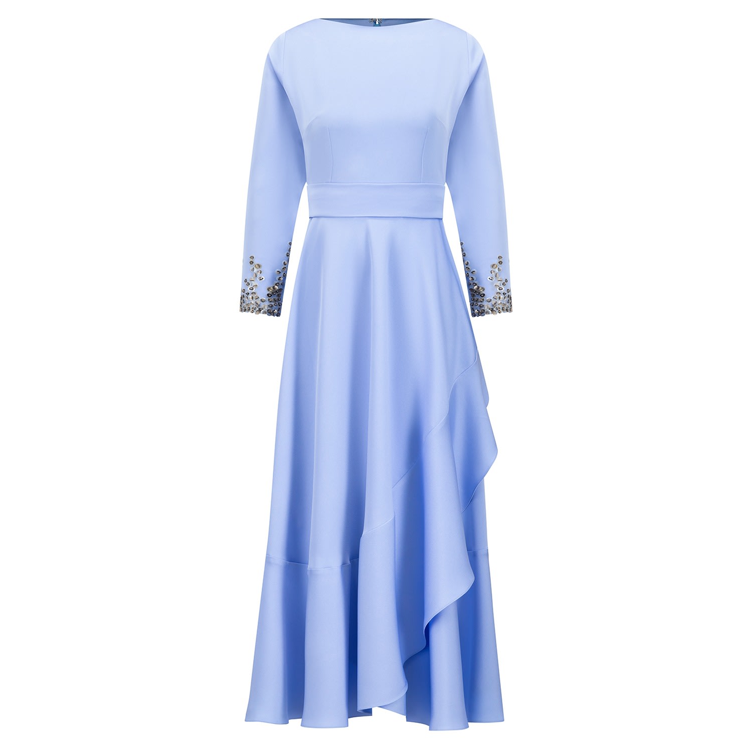 Women’s Long Sleeves Crepe Dress With Sequin And Fitted Sleeves With Frilled Hemline In Hydrangea Blue Color Large Azzalia