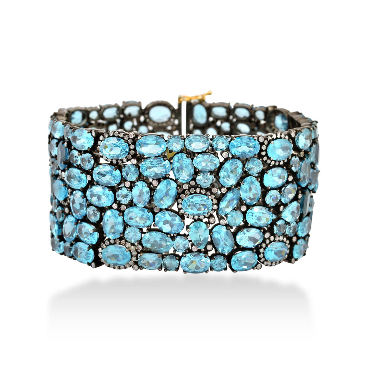 Women’s Blue / Gold Oval Cut Apatite & Pave Diamond In 14K Solid Gold With 925 Silver Designer Bracelet Artisan