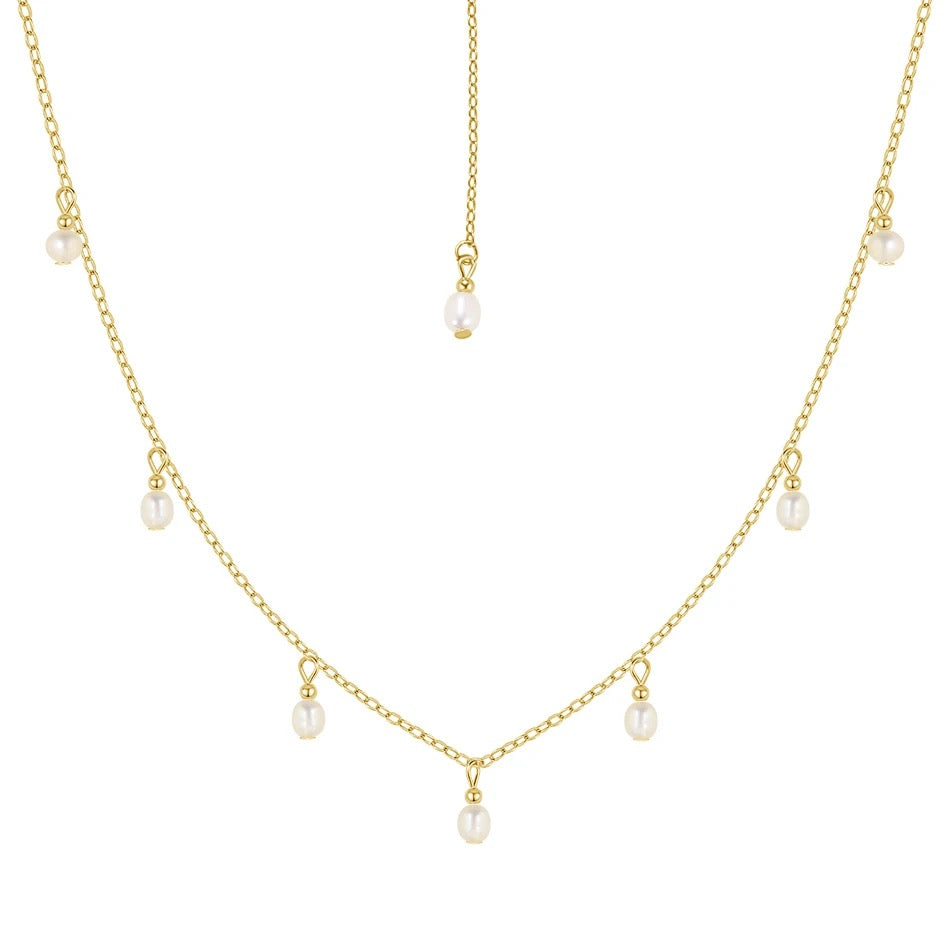 Nazzar Women's Gold / White Freshwater Pearl Station Dangle Gold Necklace In Multi