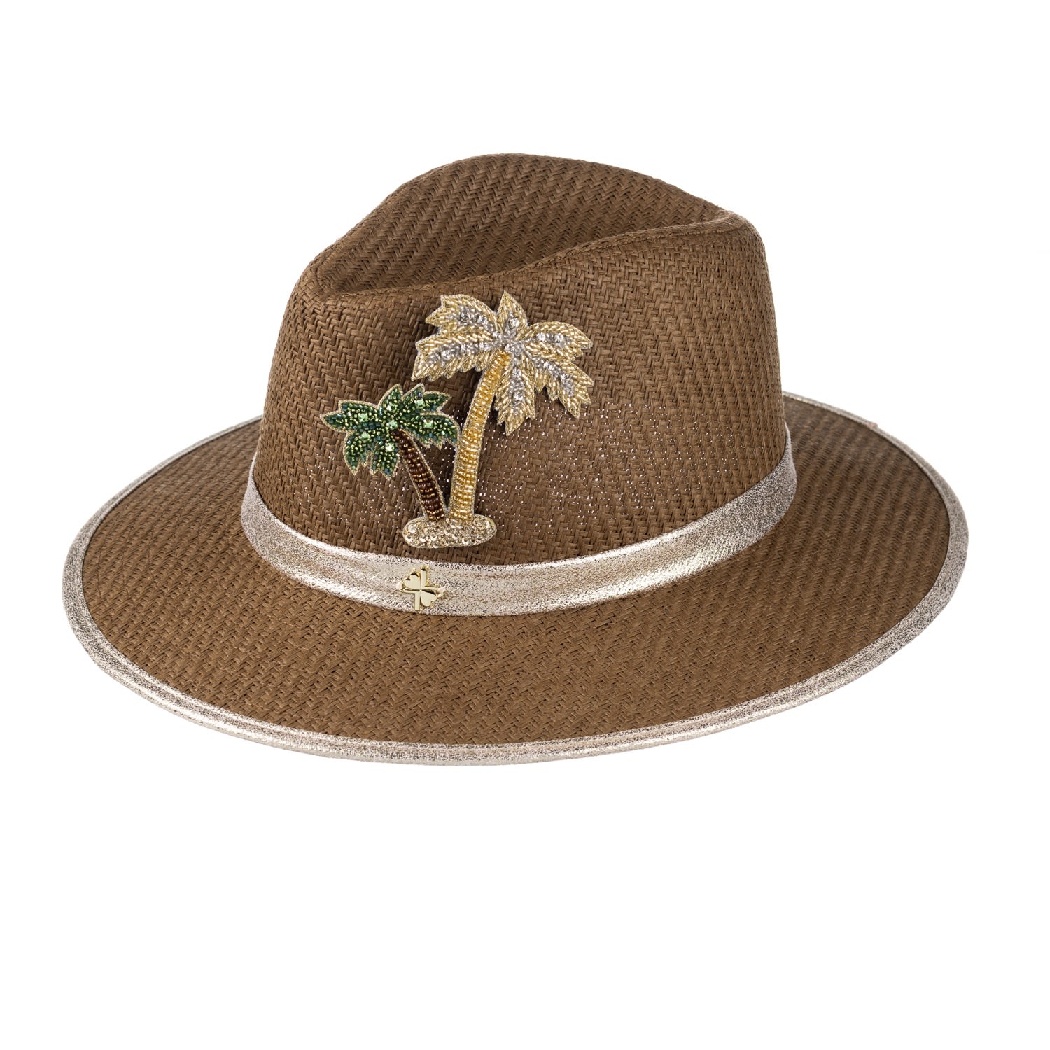 Laines London Women's Brown Straw Woven Hat With Embellished Golden Palm Tree Brooch - Caramel In Brown
