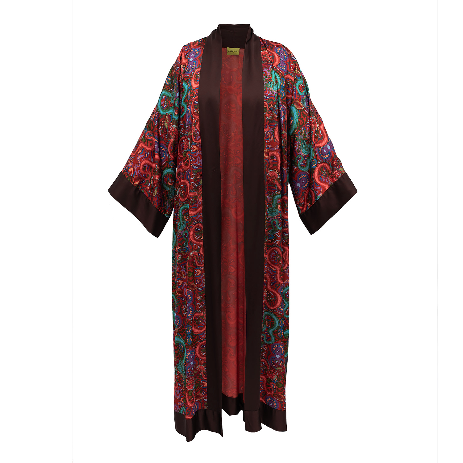 Janara Jones Women's Chocolate Cuffs Fantasy Print Satin Long Abaya Kaftan In Brown