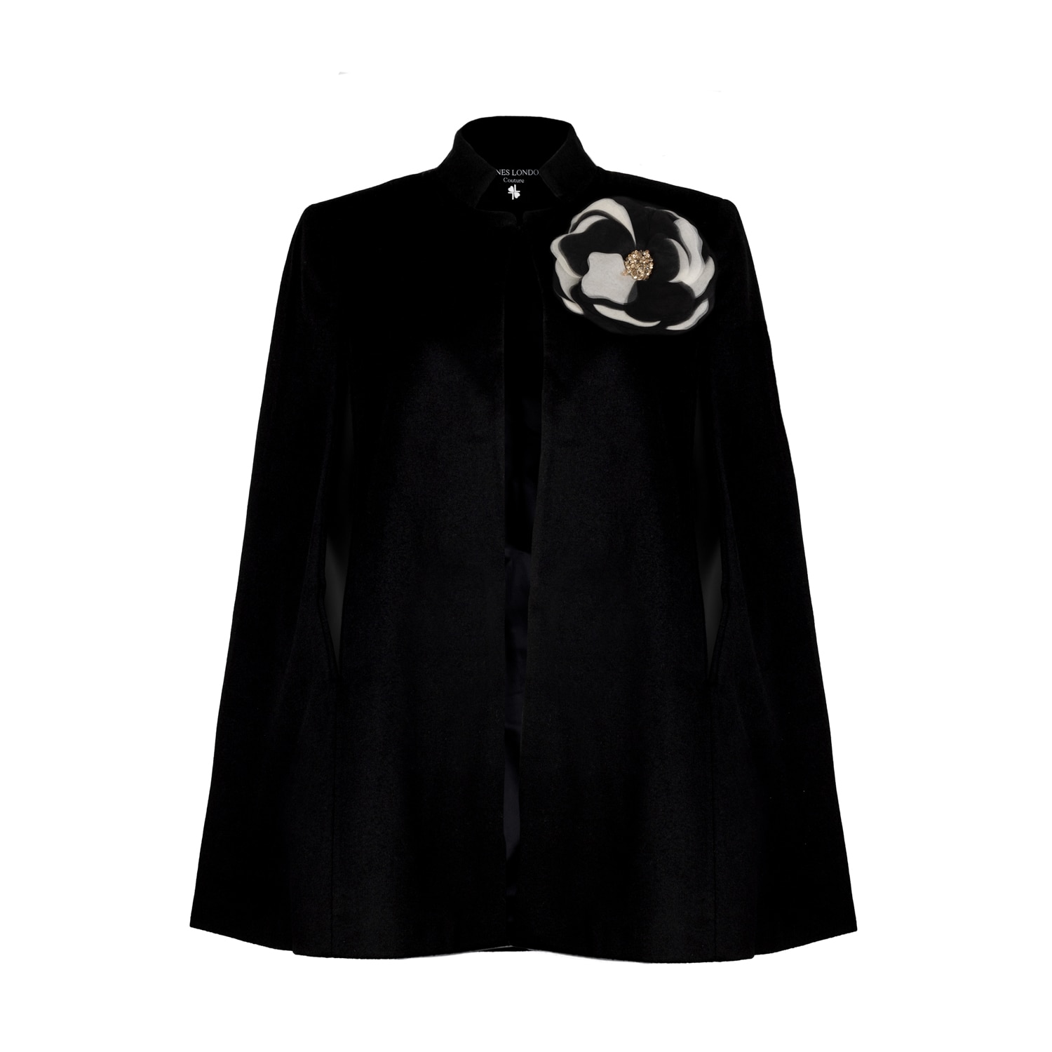 Laines London Women's Laines Couture Wool Blend Cape With Embellished Black & Cream Corsage - Black In Black