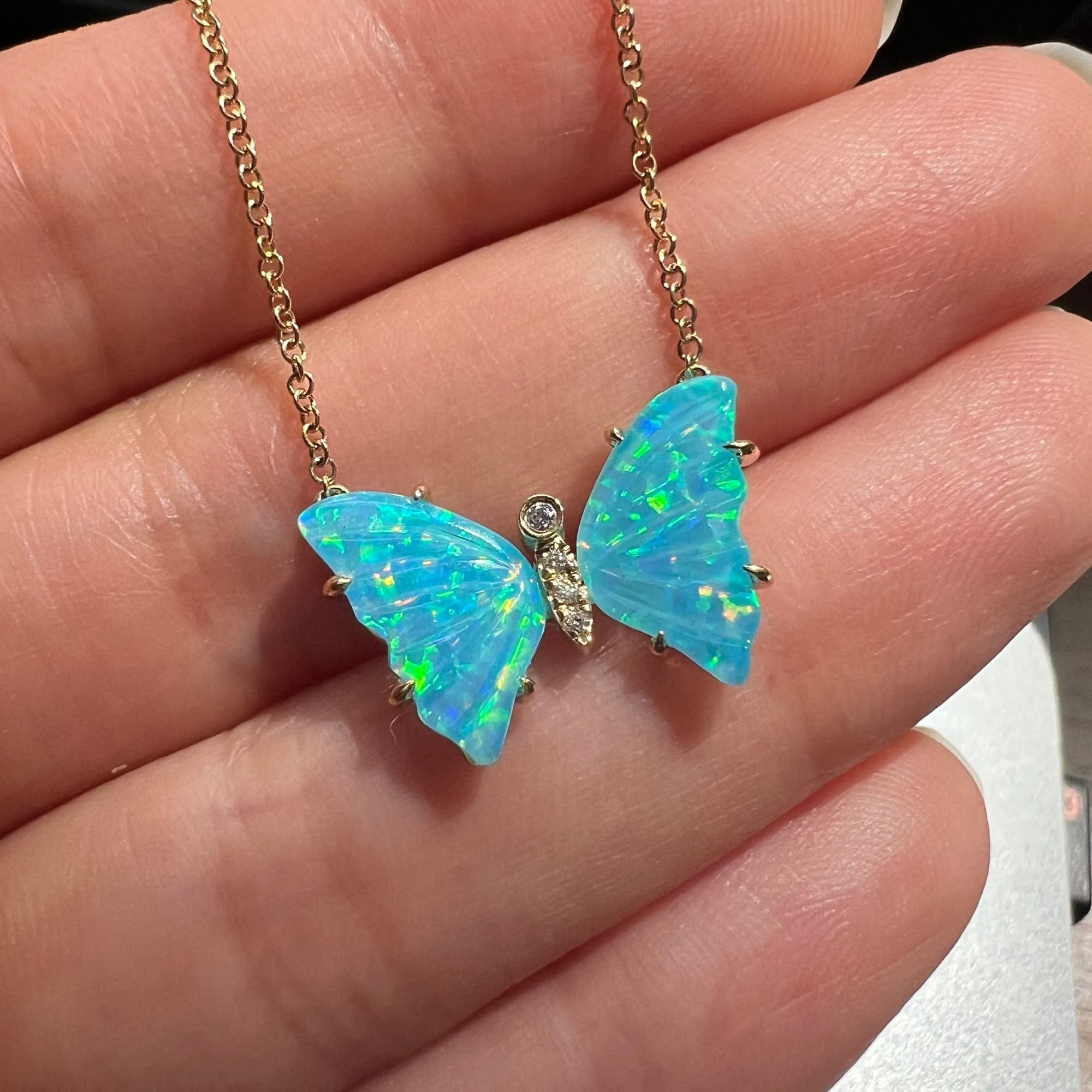 Mini Butterfly Necklace With Diamonds & Prongs In Turquoise Opal 