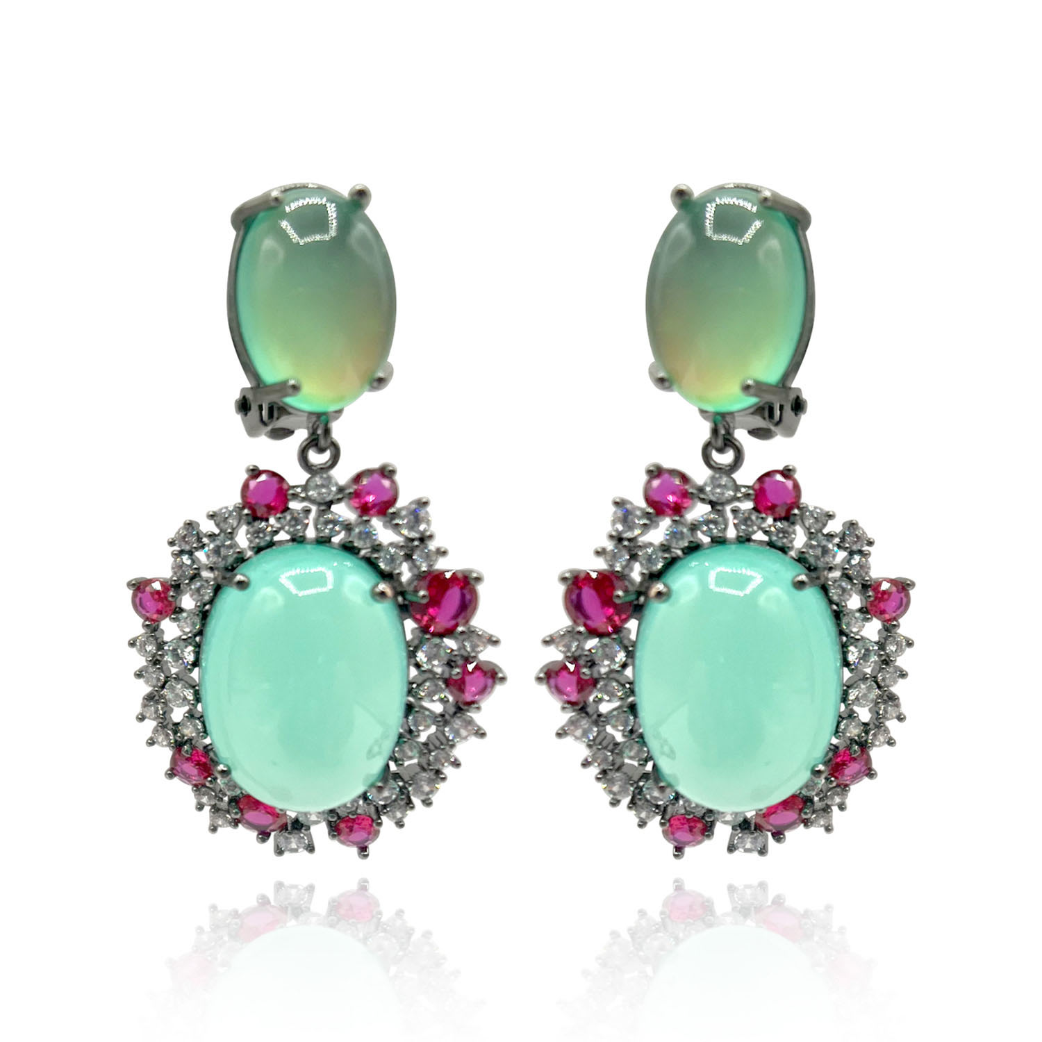 Michael Nash Jewelry Women's Green / Pink / Purple Black Rhodium Earrings With Green Opal Glass, Pink Ruby, And Clear Cry In Multi