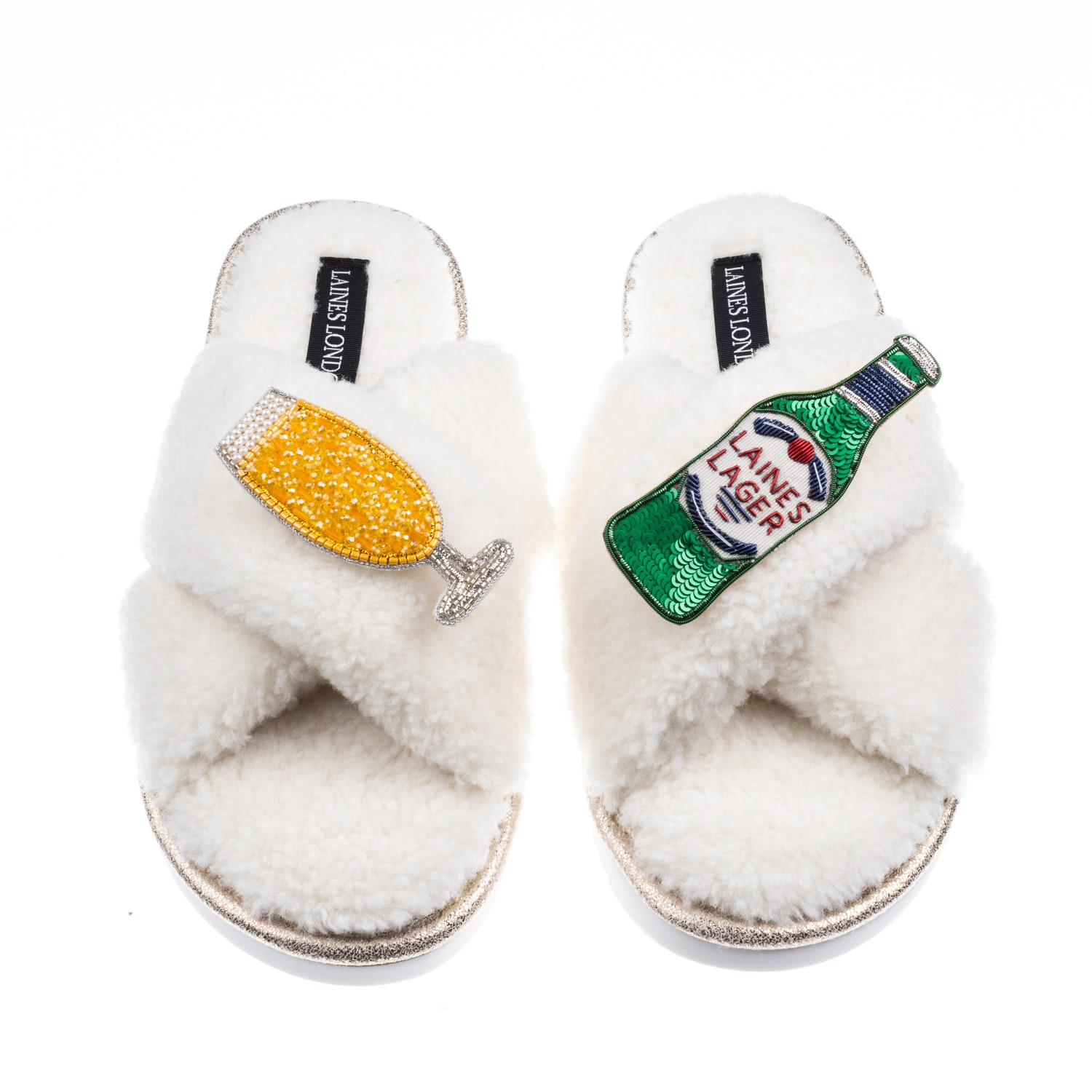 Laines London Women's White / Neutrals Laines Neutral Boucle Slippers With Laines Italian Lager Brooches - Cream In White