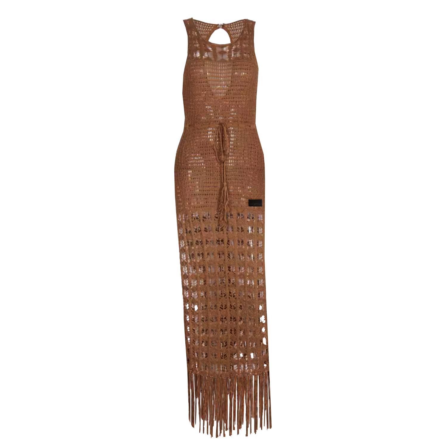 Women's Brown Crochet Knitted Tasseled Summer Beach Dress | Medium | Chanel Joan Elkayam