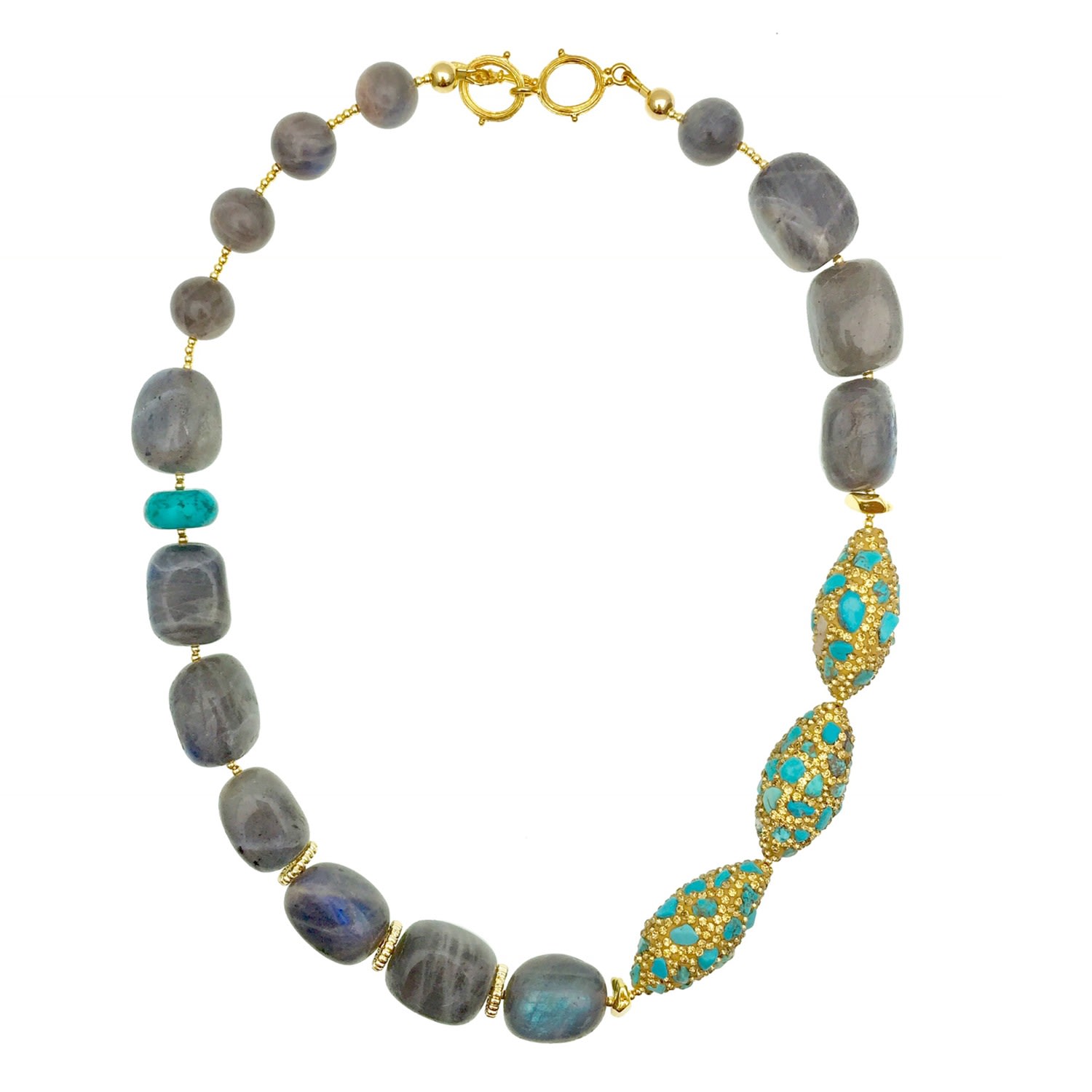Farra Women's Grey Labradorite With Rhinestone Bordered Turquoise Necklace In Gray