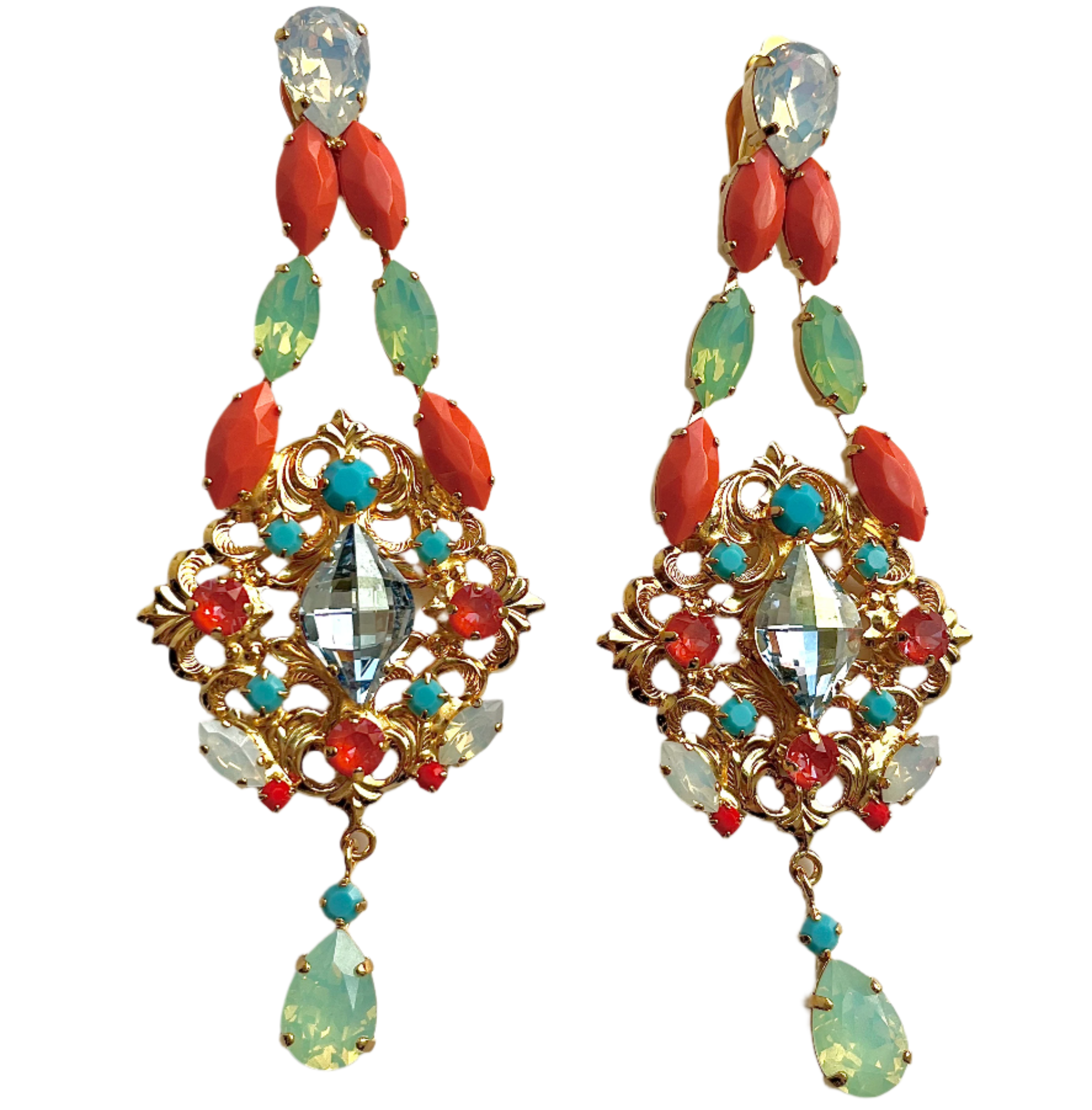 Laura Gray Women's Yellow / Orange Coral Turquoise Chandelier Earrings