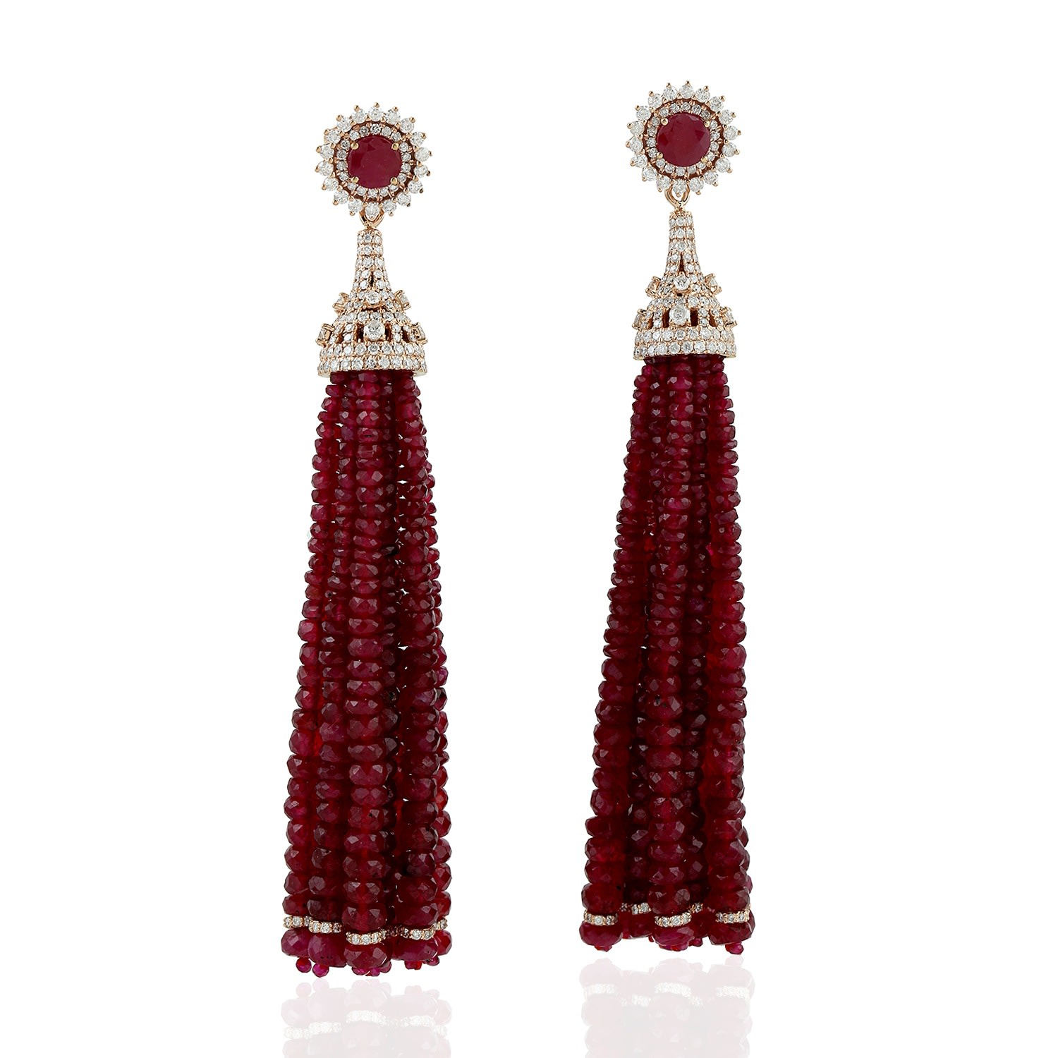 Women’s White / Red / Rose Gold Rose Gold Pave Diamond Ruby Bead Tassel Earrings Handmade Artisan