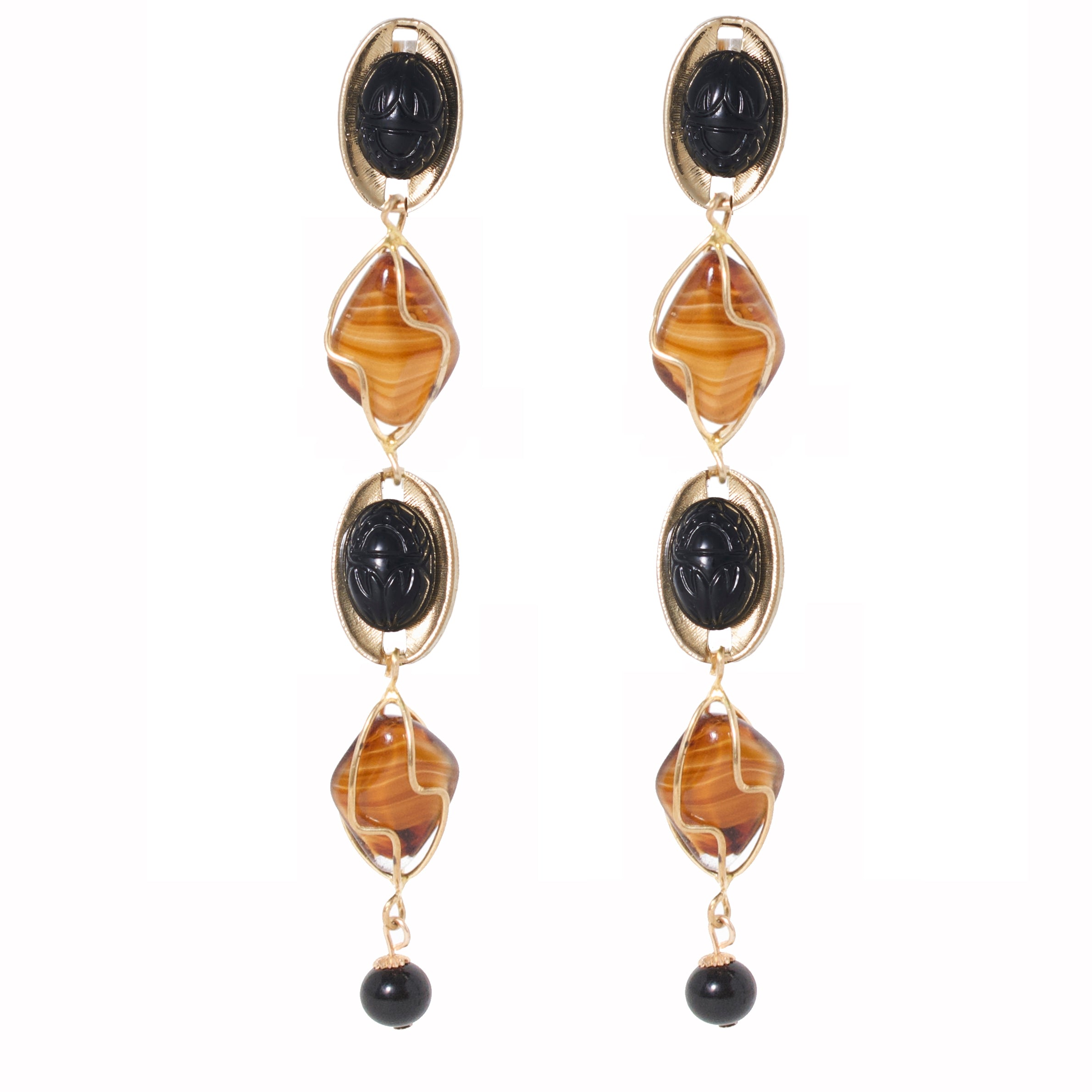 Women’s Brown / Gold / Black Paseo Earring In Black Scarab And Tigers Eye Castlecliff