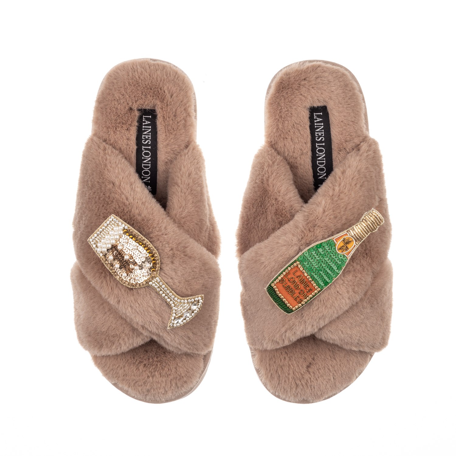 Women's Brown Classic Laines Slippers With Laines Champers & Glass Brooches - Toffee | Medium | Laines London
