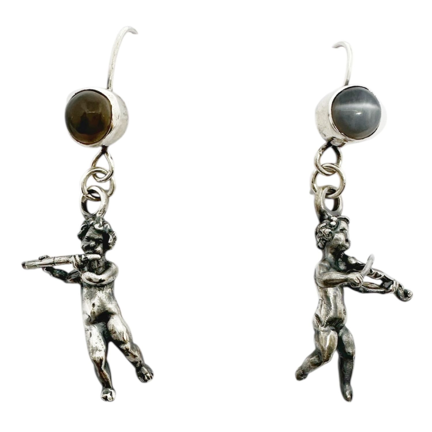 Tg-jewellery By Tamara Gervasio Women's Silver / Grey / Black Violin & Flute Cherub Earrings In Sterling Silver With Cat's Eye Gemst In Multi