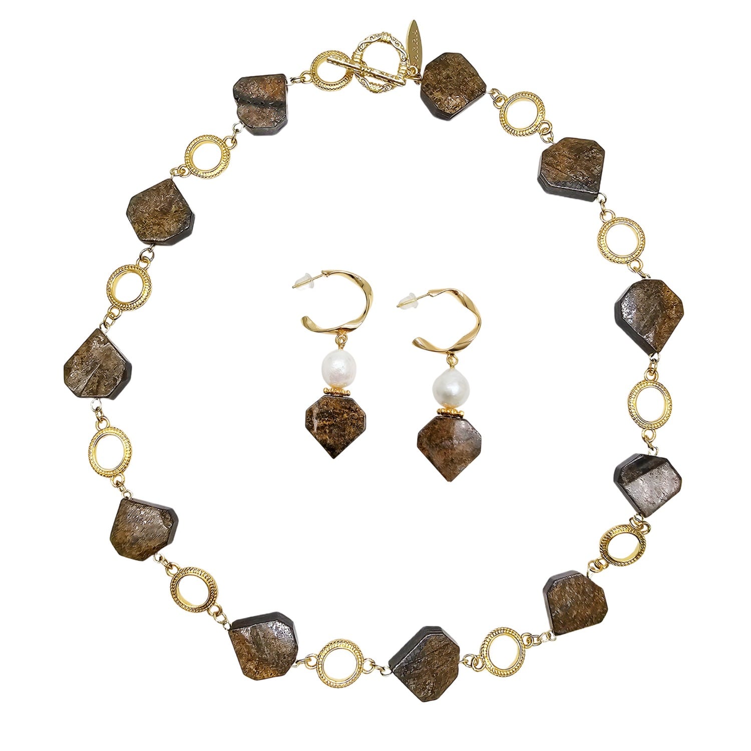 Farra Women's Brown Elegant Tiger Eye Jewelry Set Necklace And Hoop Earrings In Multi