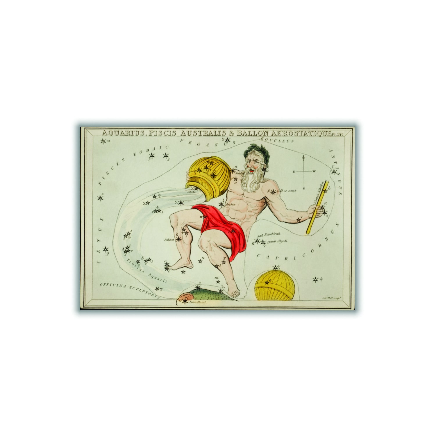 Yellow / Orange Astronomical Chart Illustration Of The Zodiacs Aquaris Piscis Australis A3 297 X 420Mm Stanley Print House