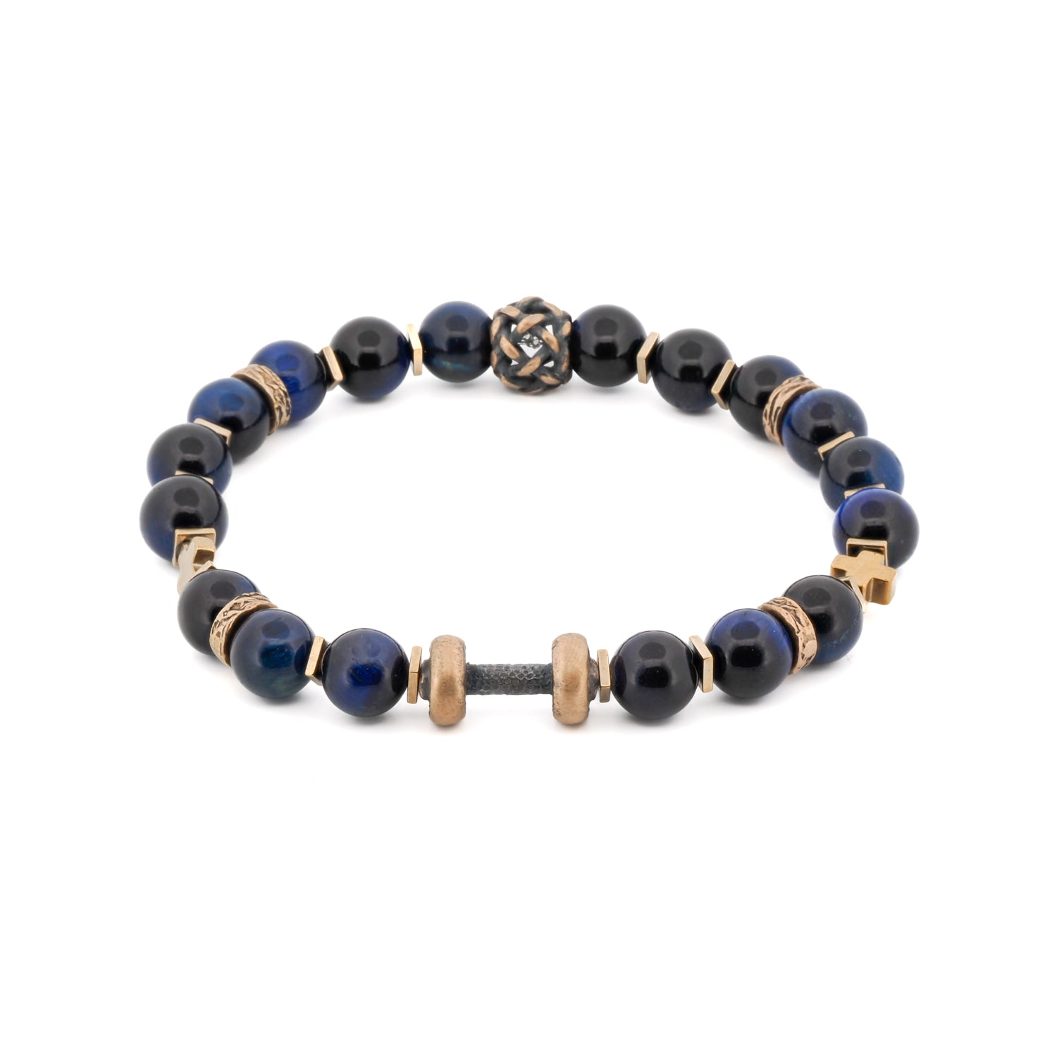 Men’s Gold / Blue Blue Tiger’s Eye Dumbbell Beaded Bracelet - Blue Ebru Jewelry