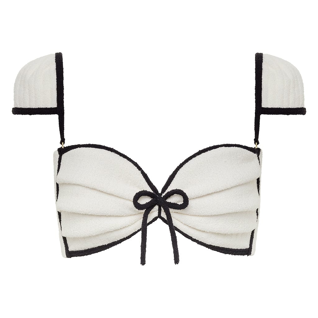 Montce Women's White Cream Black Binded Terry Rib Cabana Bows Bikini Top In White
