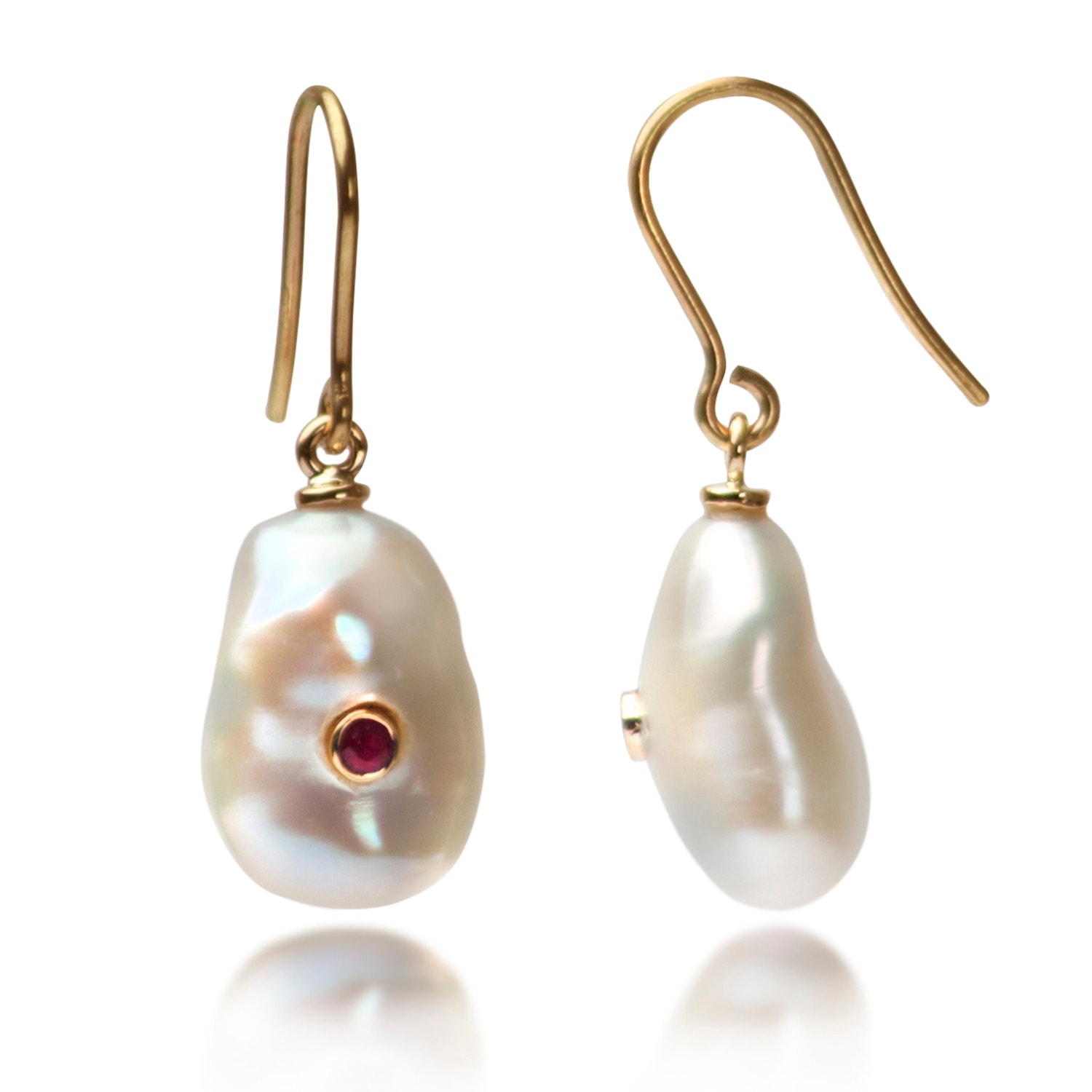 Women’s Red / White / Gold Keshi Pearl Earrings With Ruby In Solid Gold The Jewellery Store London