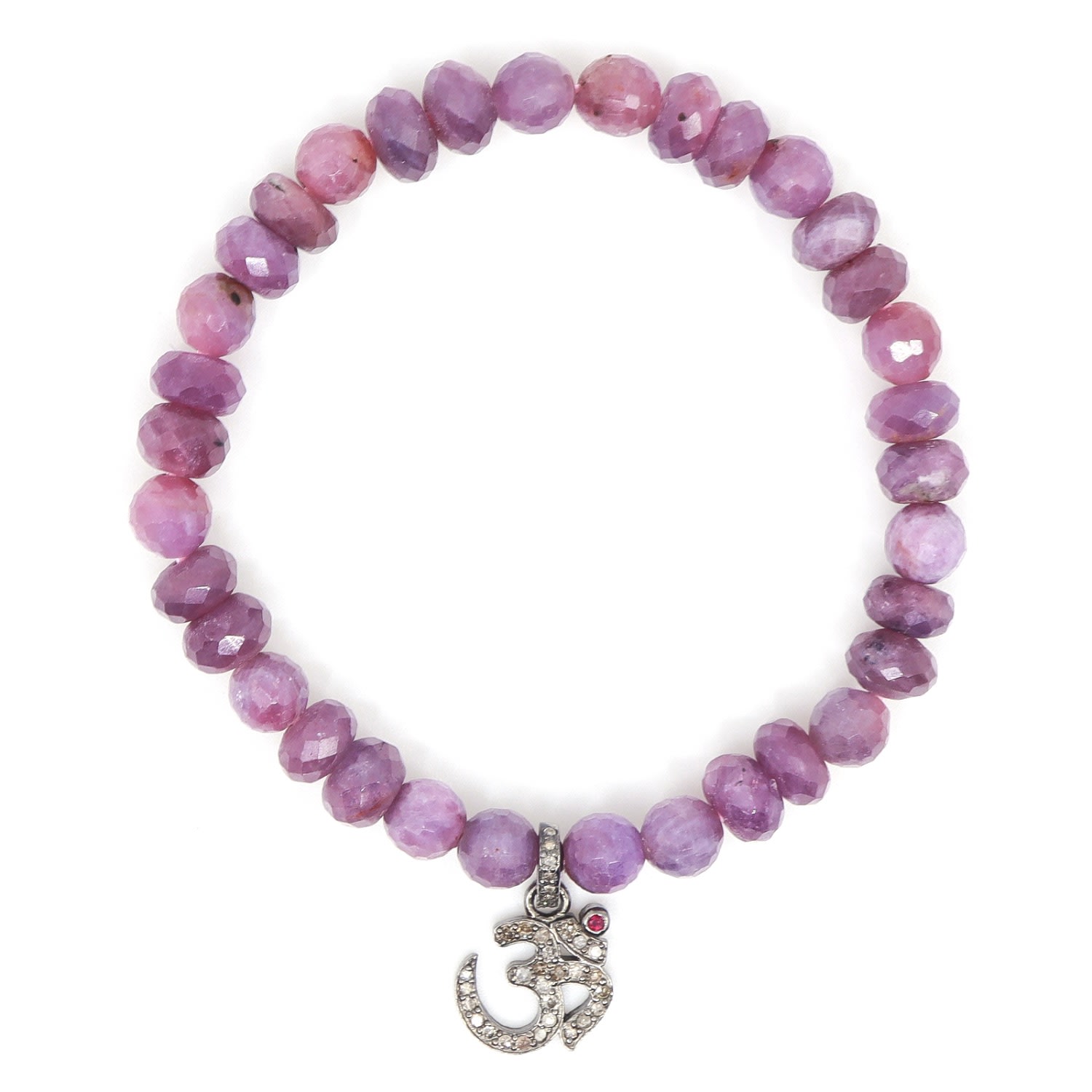 Shar Oke Women's Pink / Purple Ruby & Om Diamond Charm Beaded Bracelet