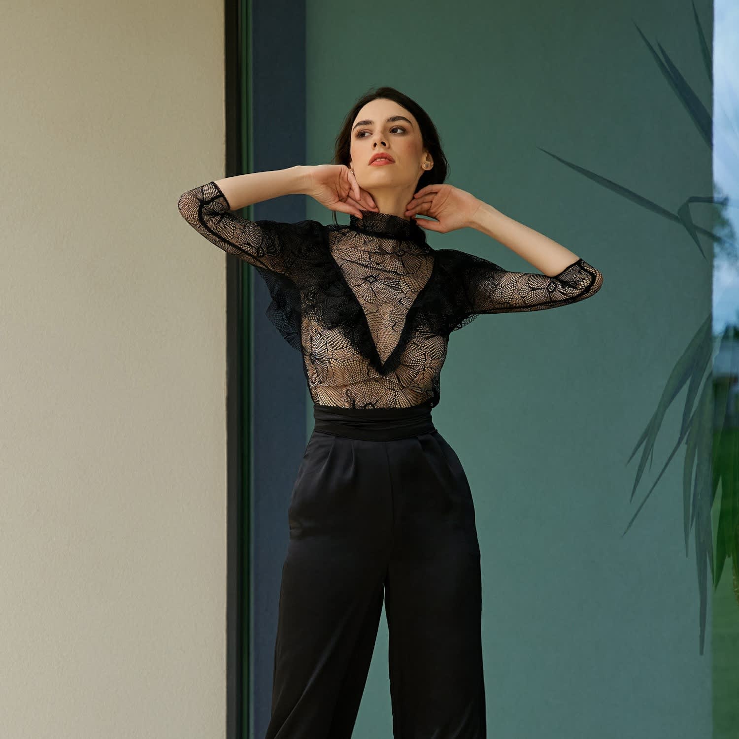 Sheer Floral Lace Ruffle Blouse - Black | AVENUE No.29