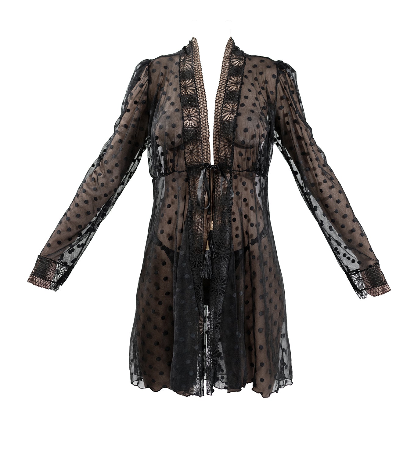 Women’s Black Butterfly Polka Dot Robe With Lace Trim Extra Small Carol Coelho