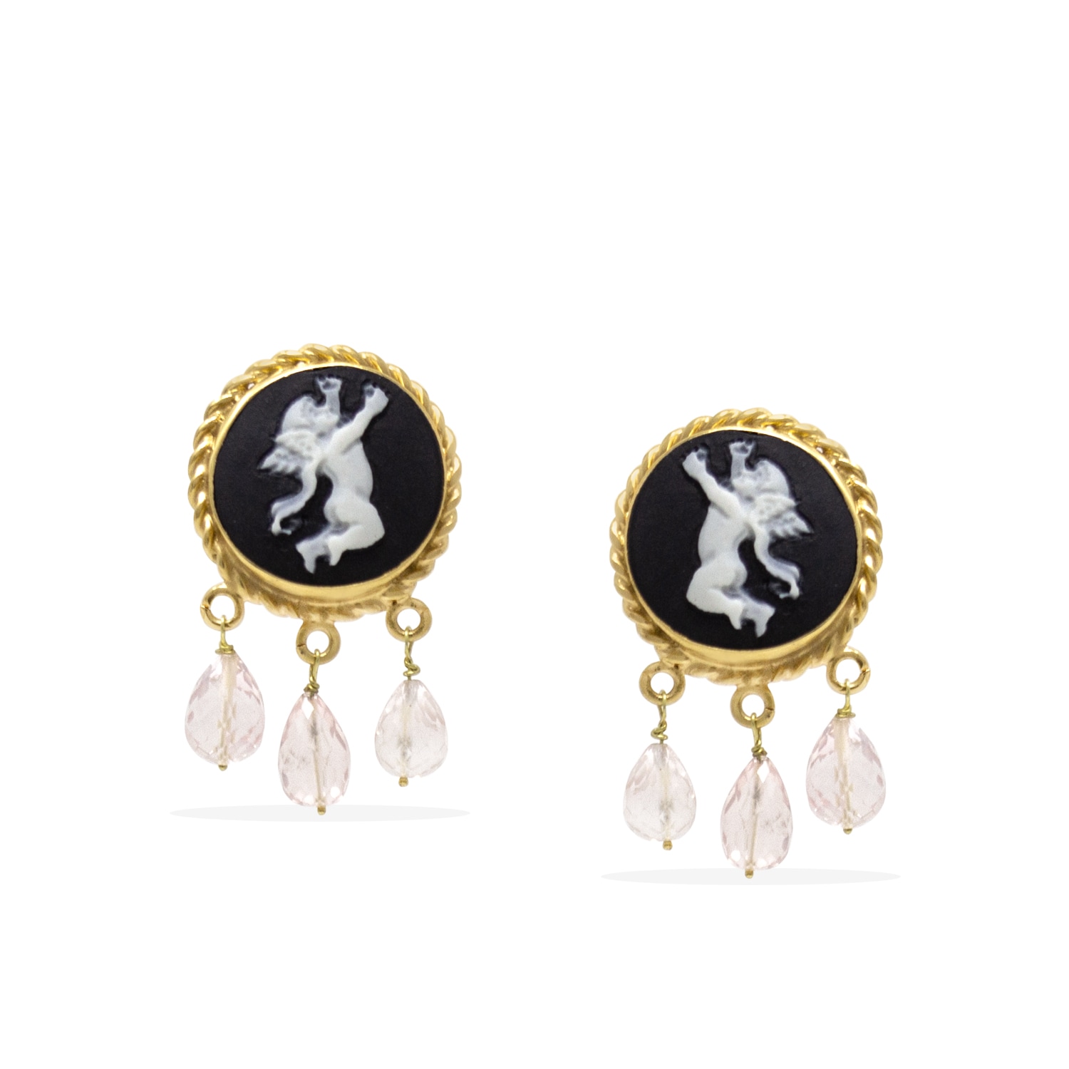 Women’s Black / Gold / Pink Cherubs Black Cameo And Pink Quartz Earrings Vintouch Italy