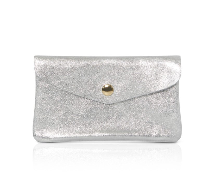 Women's Medium Popper Leather Purse In Silver | Betsy & Floss