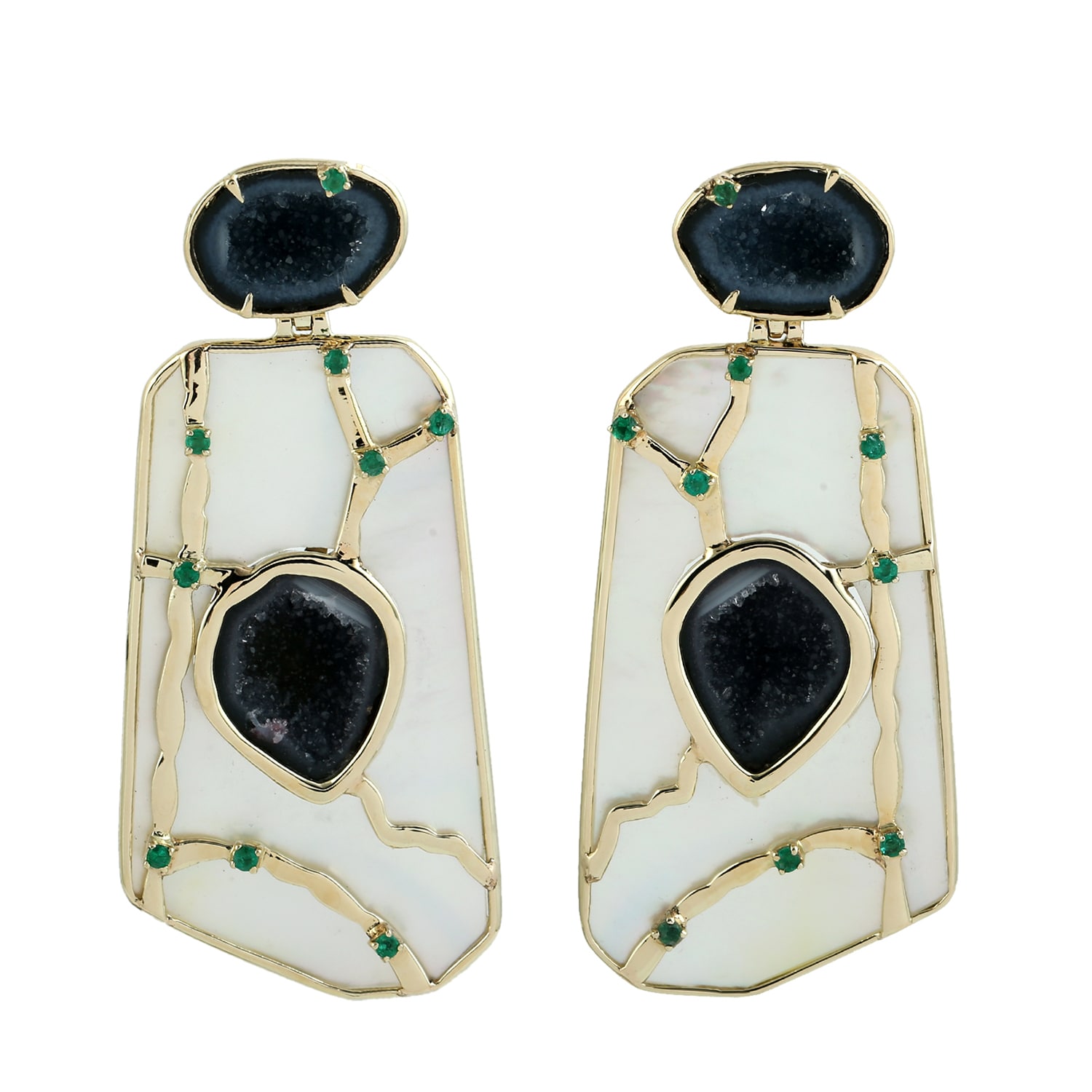 Artisan Women's Gold / Green Mother Of Pearl, Geode & Prong Set Emerald Dangle Earrings In Gold In Multi