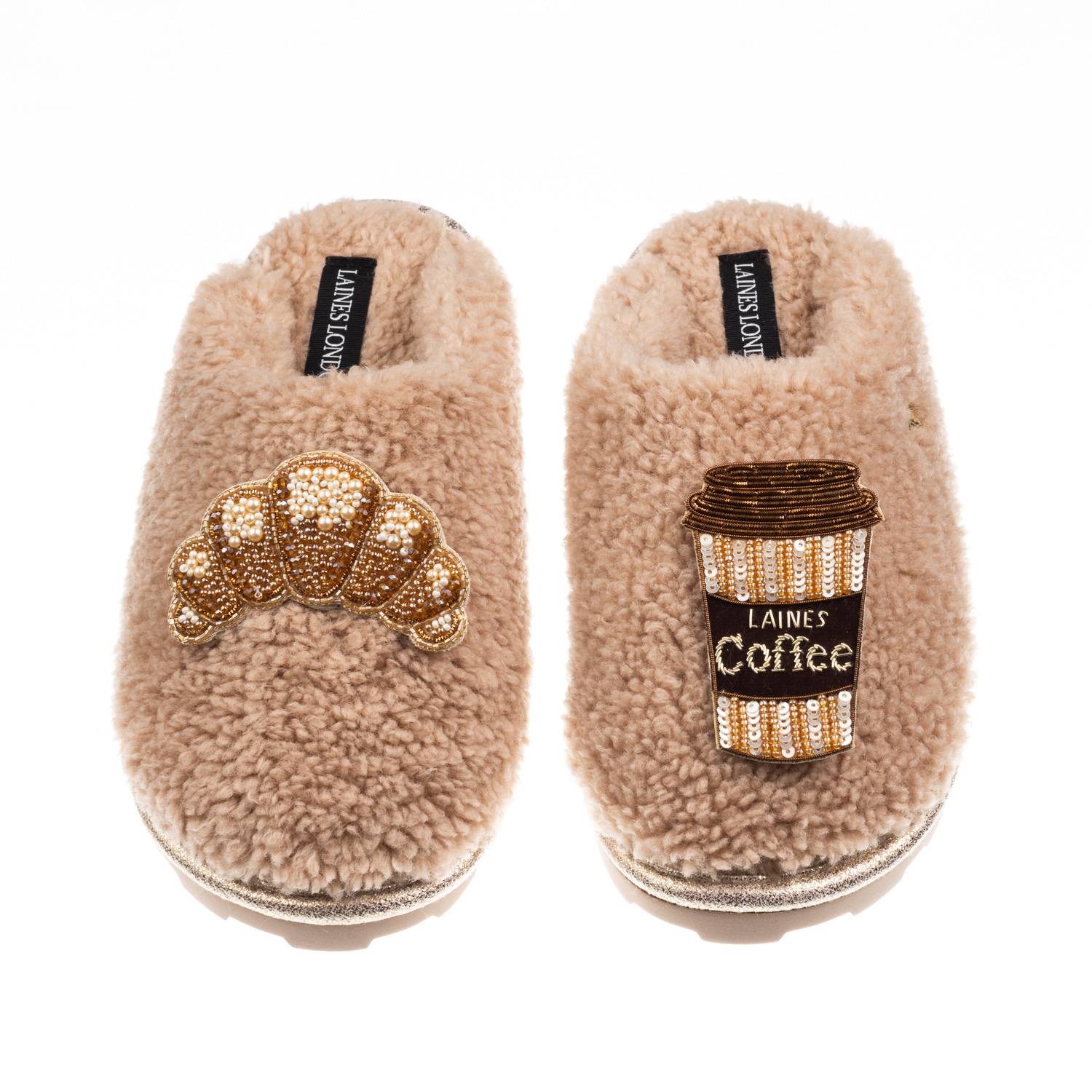 Laines London Women's Neutrals / Brown Teddy Closed Toe Slippers With Coffee & Croissant Brooches - Toffee In Brown